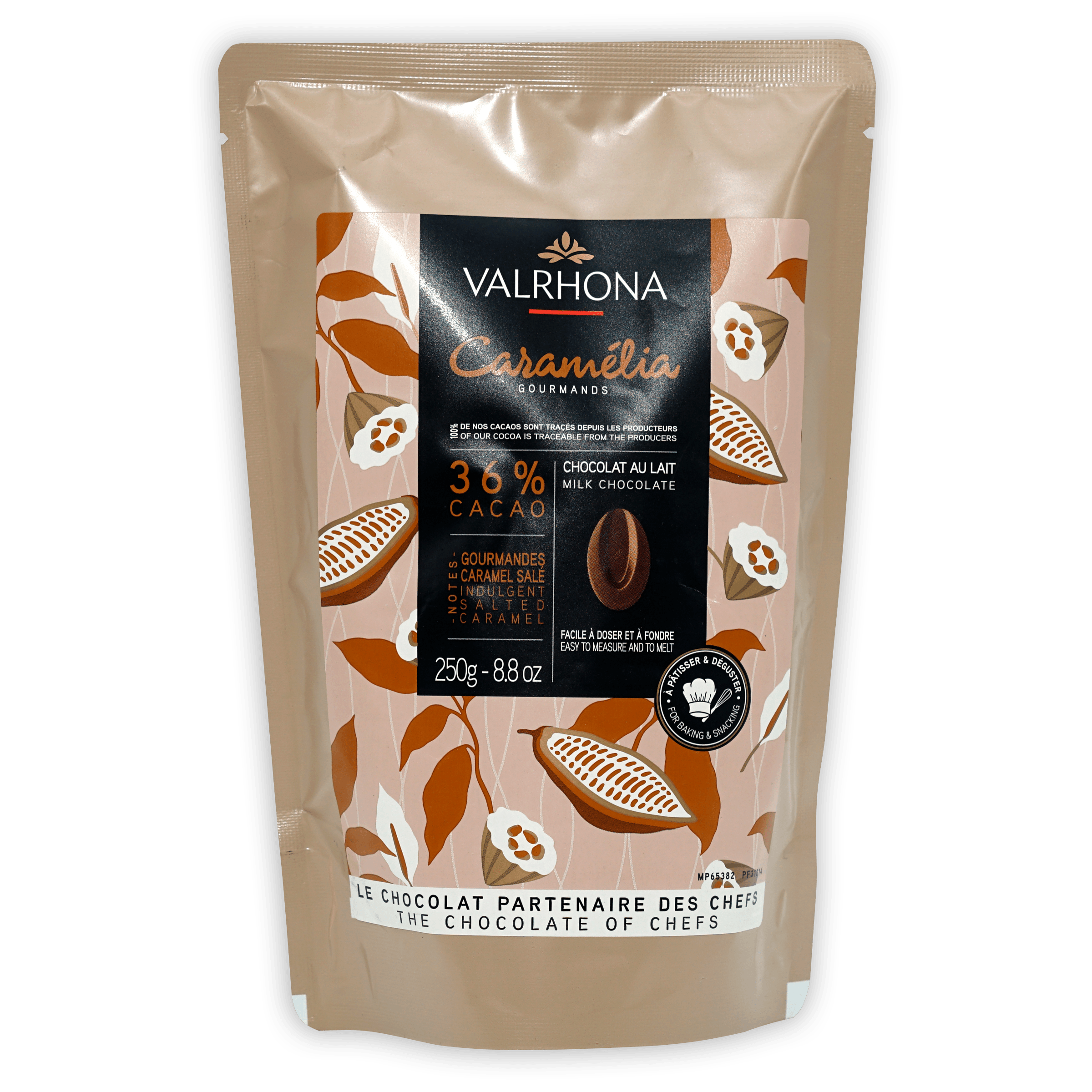 Valrhona Caramelia 36% milk chocolate feves pouch
