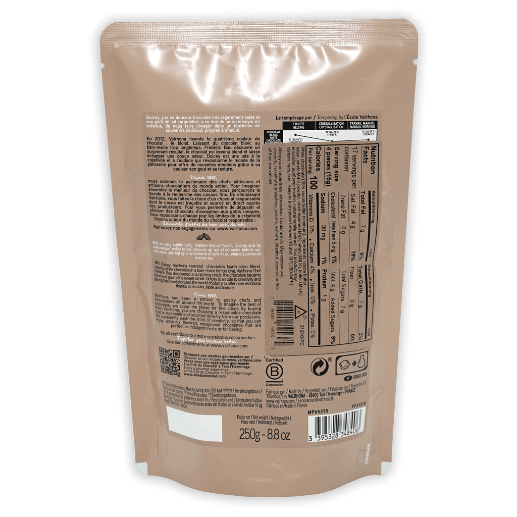 Valrhona Baking Feves Dulcey Blond 35% white chocolate resealable pouch
