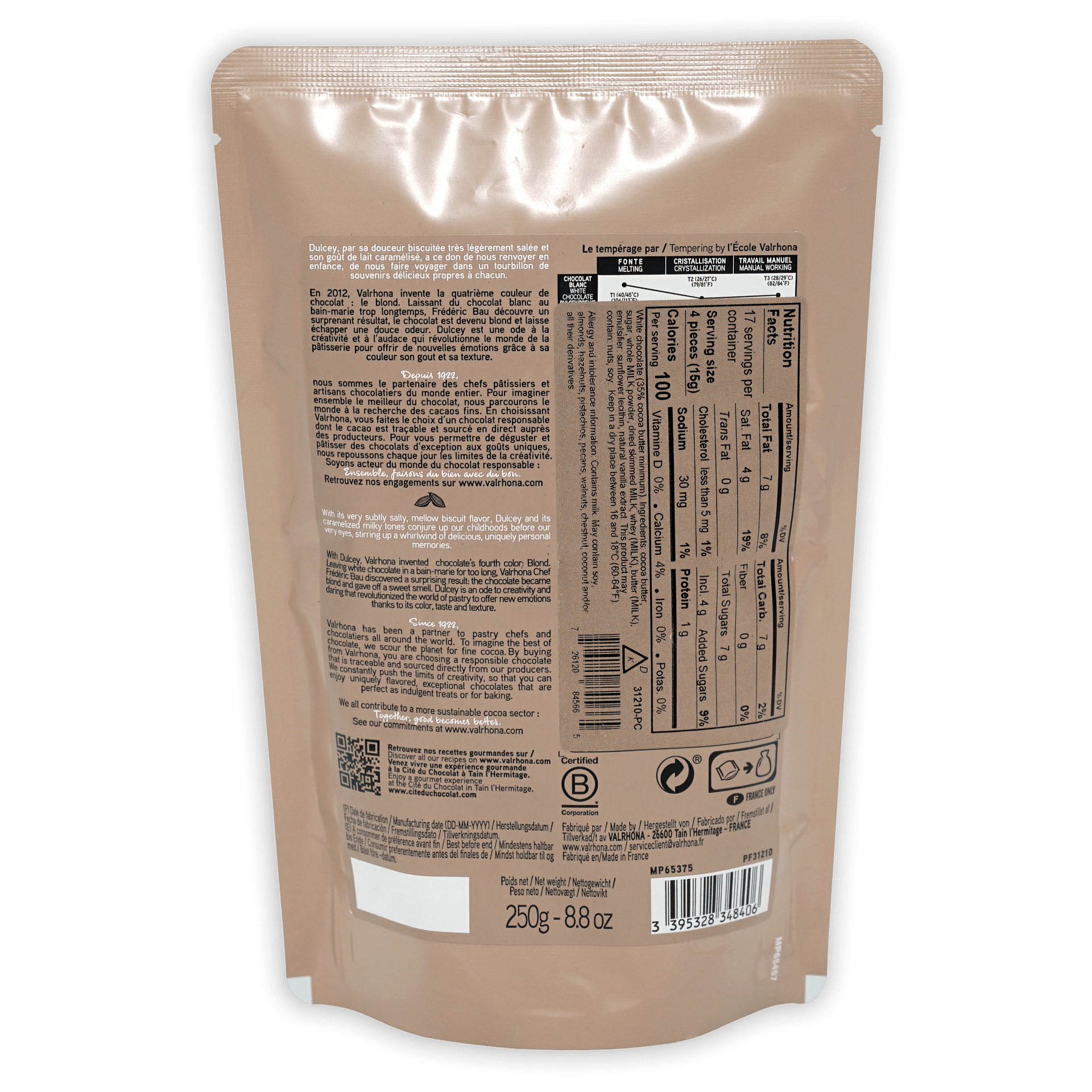 Valrhona Baking Feves Dulcey Blond 35% white chocolate resealable pouch