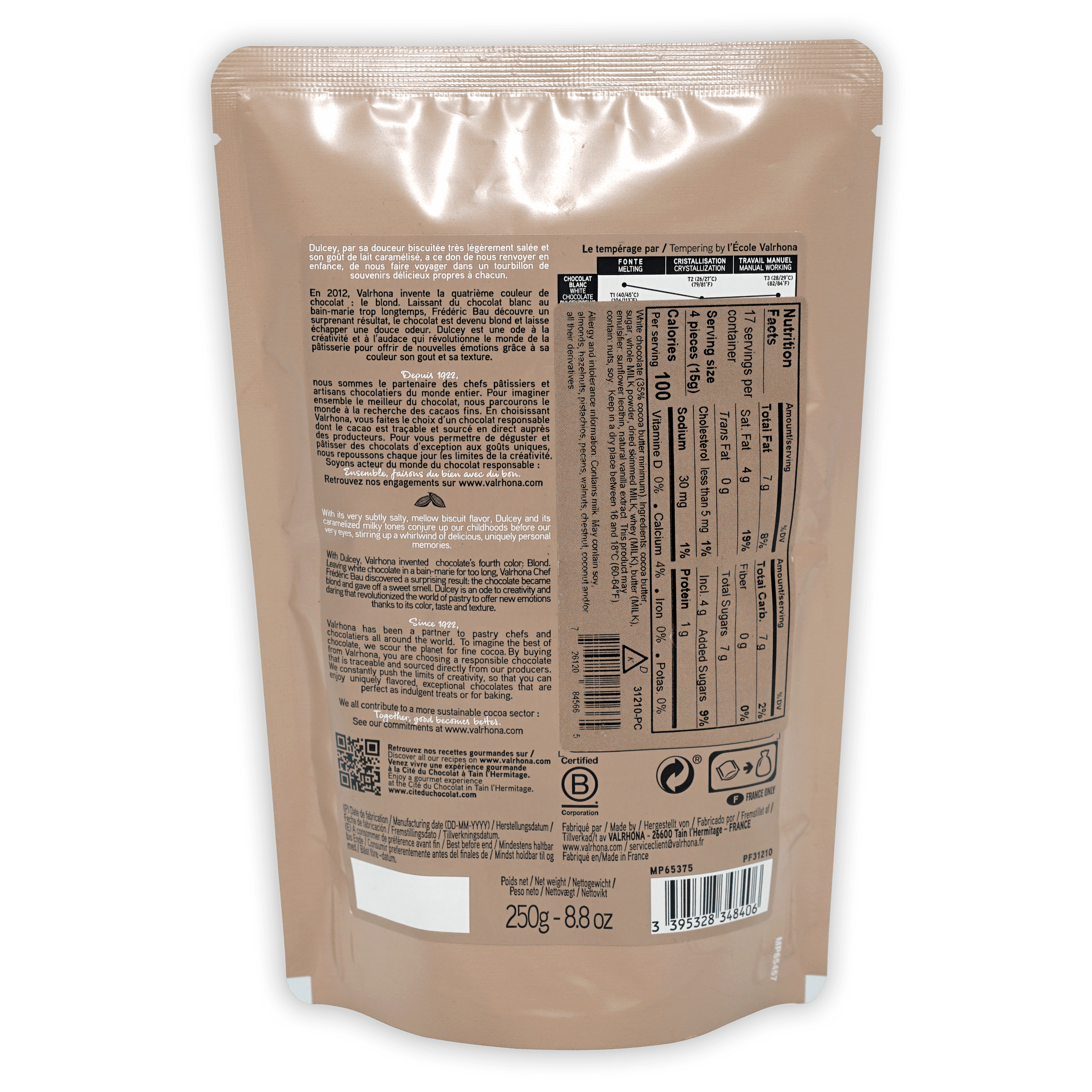 Valrhona Baking Feves Dulcey Blond 35% white chocolate resealable pouch