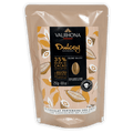 Valrhona Dulcey 35% blond chocolate feves in beige pouch with cacao illustrations