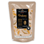 Valrhona Dulcey 35% blond chocolate feves in beige pouch with cacao illustrations