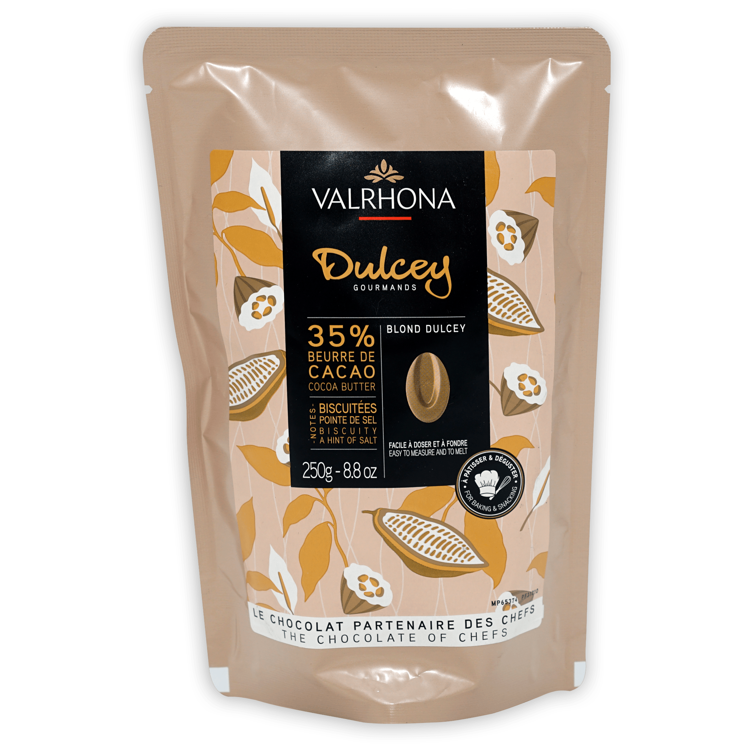 Valrhona Dulcey 35% blond chocolate feves in beige pouch with cacao illustrations