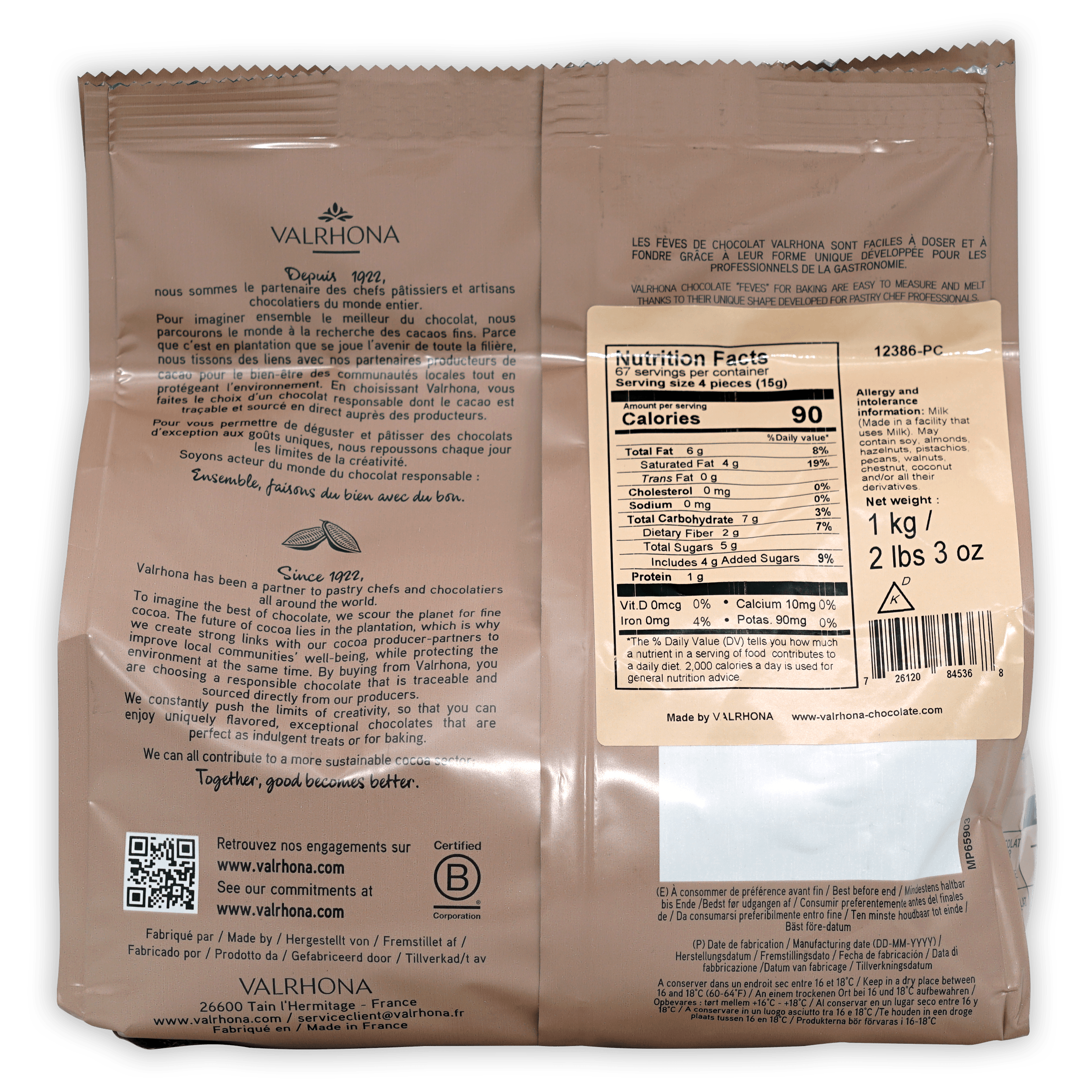 Valrhona Guanaja 70% dark chocolate bar back with French text and nutrition