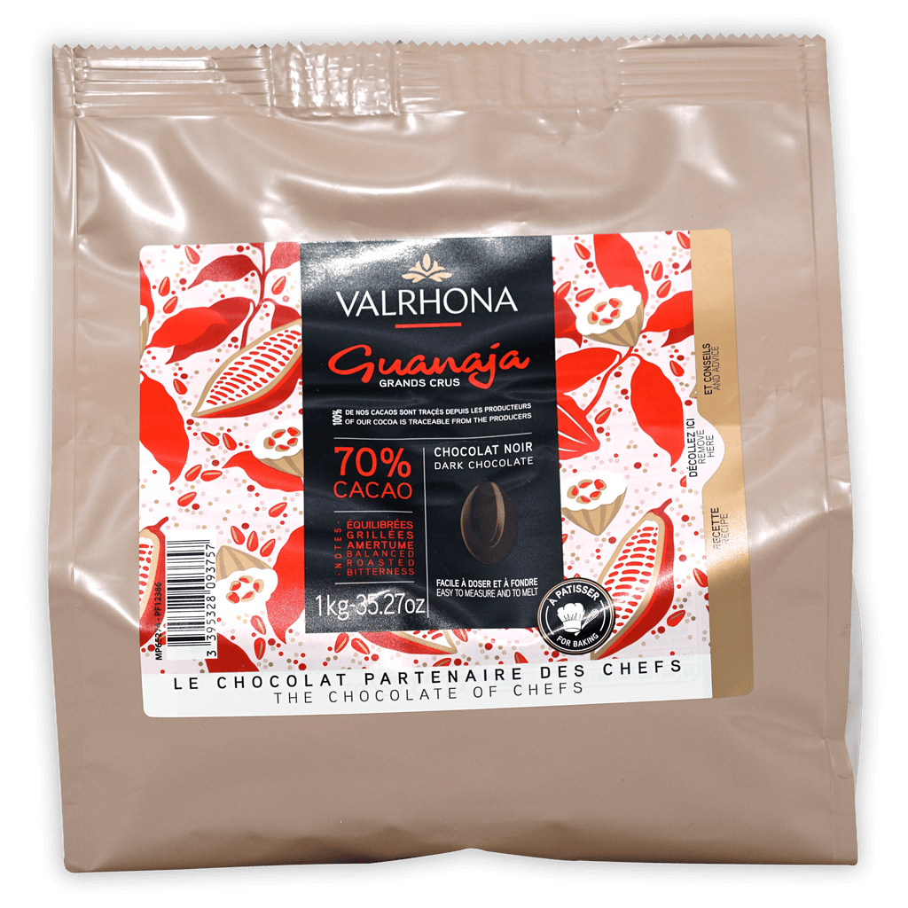 Valrhona Guanaja 70% dark chocolate feves in 1kg resealable bag