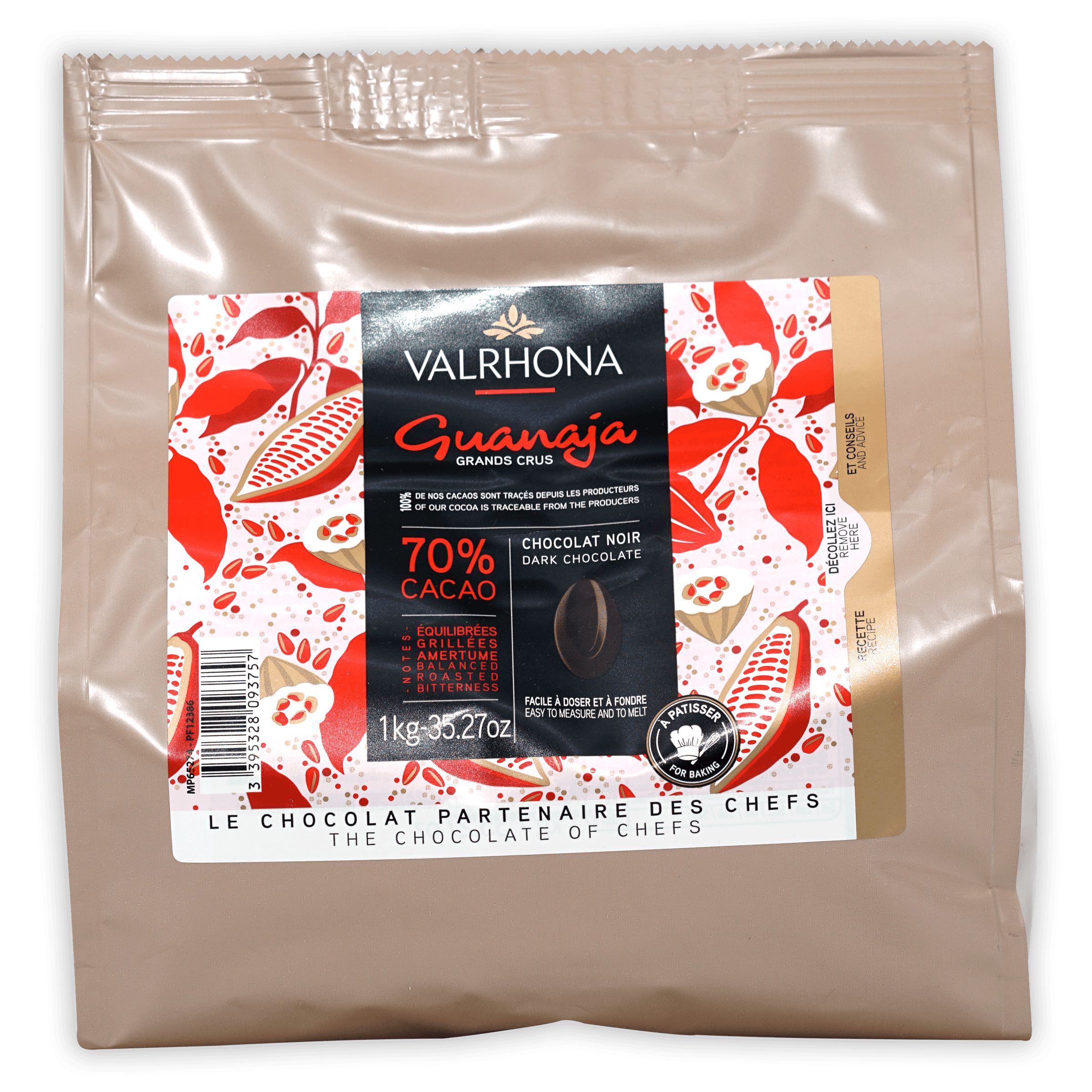 Valrhona Guanaja 70% dark chocolate feves in 1kg resealable bag