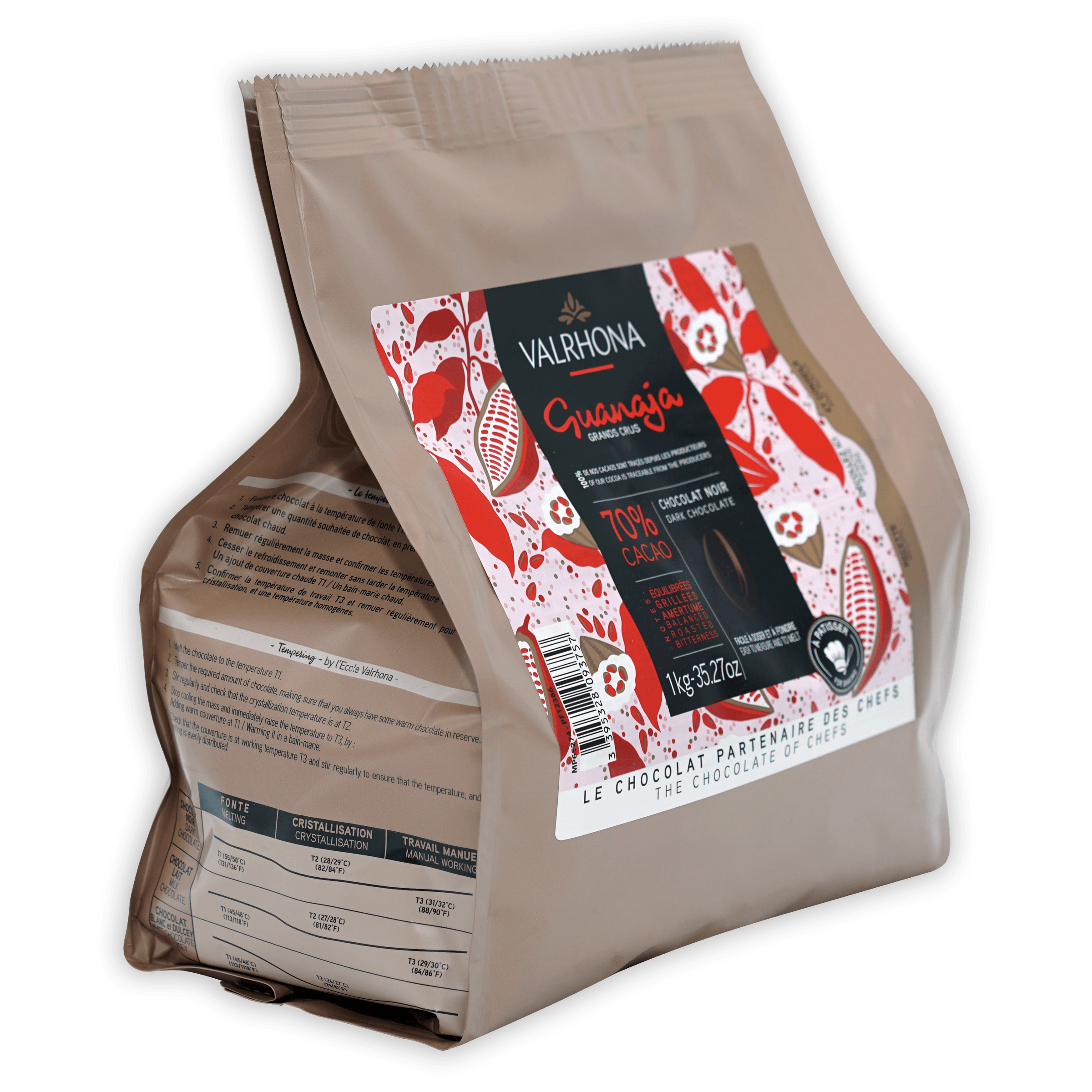 Valrhona Guanaja 70% dark chocolate feves in 1kg beige paper bag
