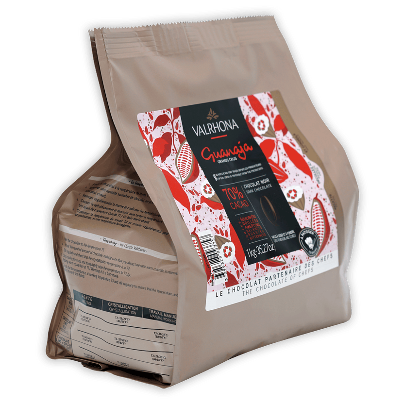 Valrhona Guanaja 70% dark chocolate feves in 1kg beige paper bag