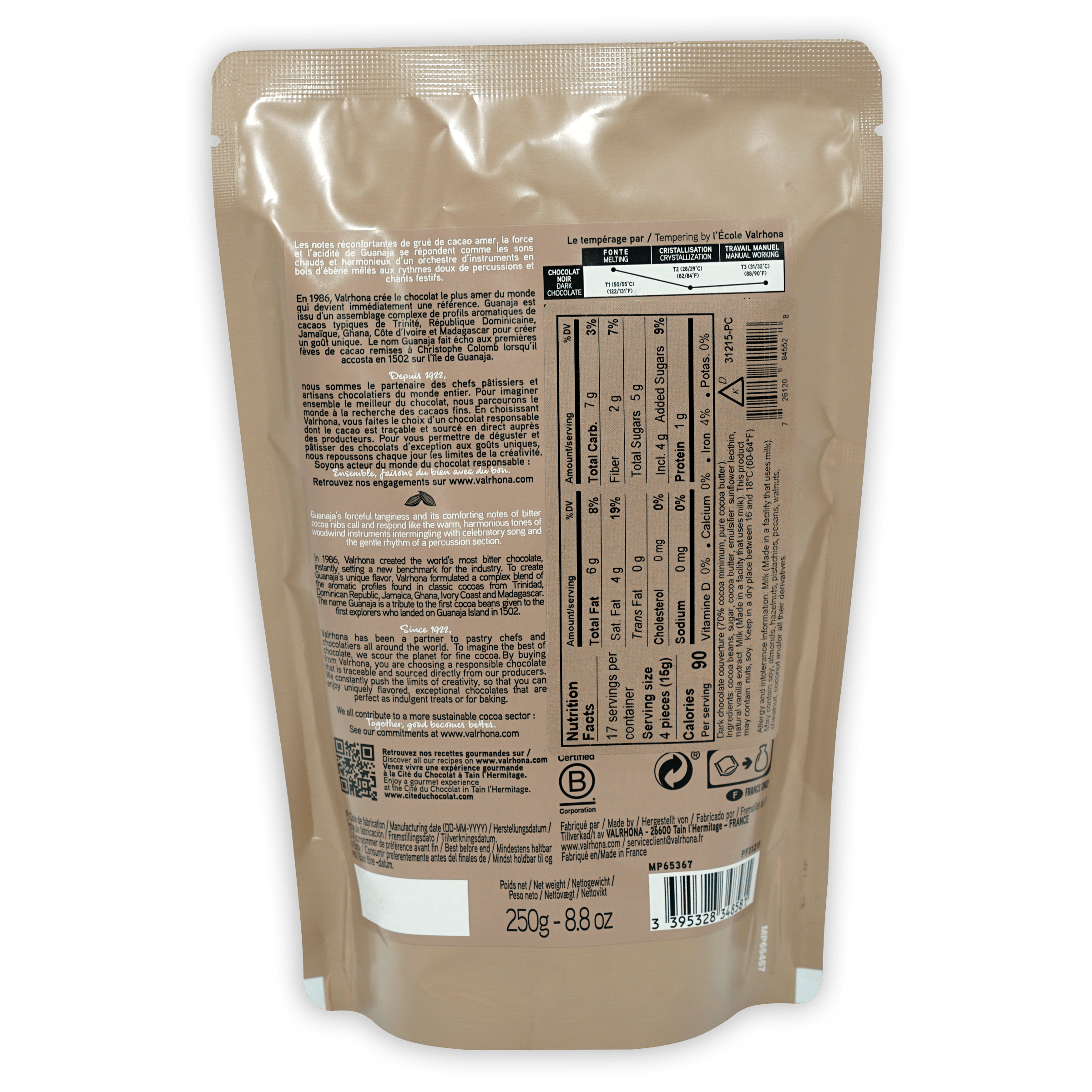 Valrhona Guanaja 70% dark chocolate baking feves in glossy beige foil package