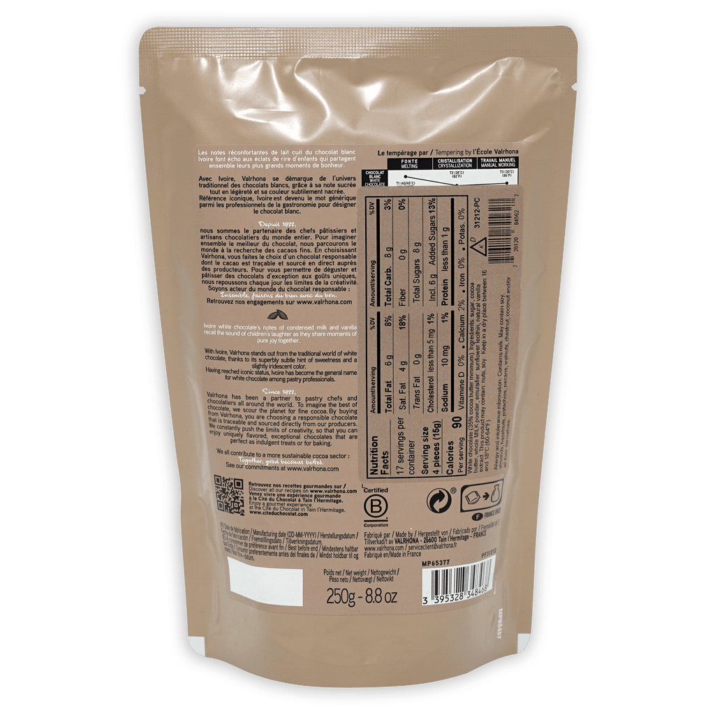 Valrhona Ivoire white chocolate 35% resealable beige pouch
