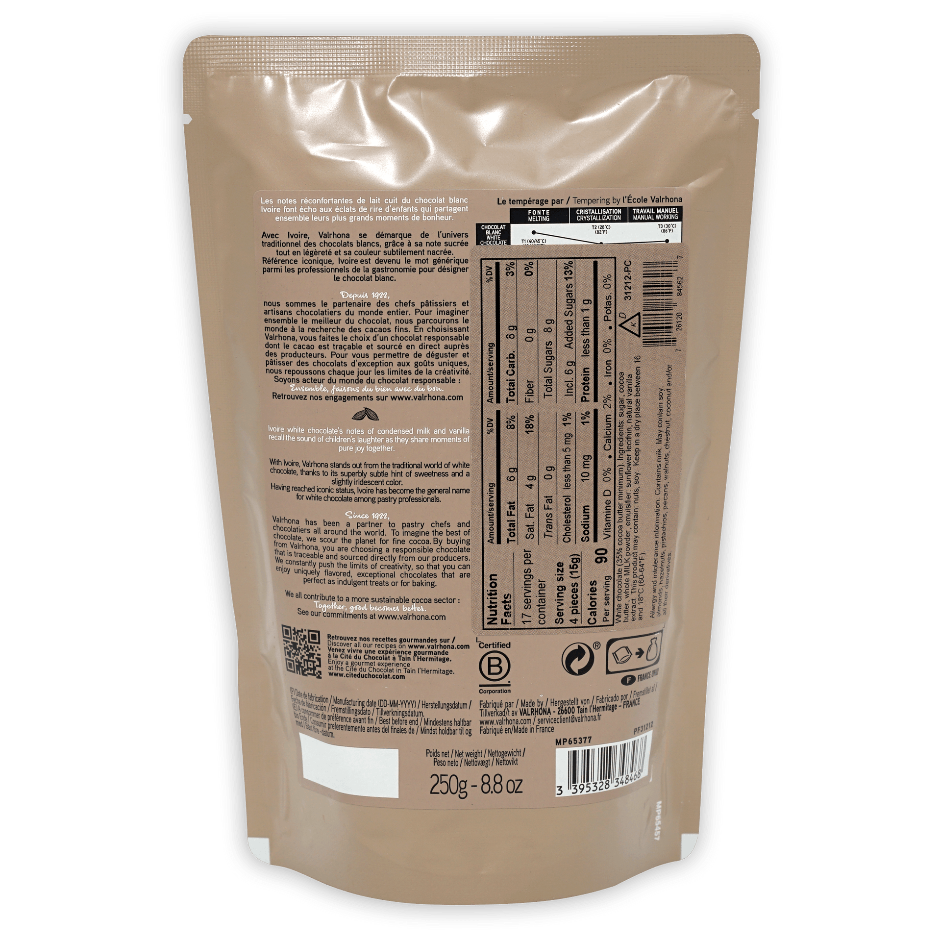 Valrhona Ivoire white chocolate 35% resealable beige pouch