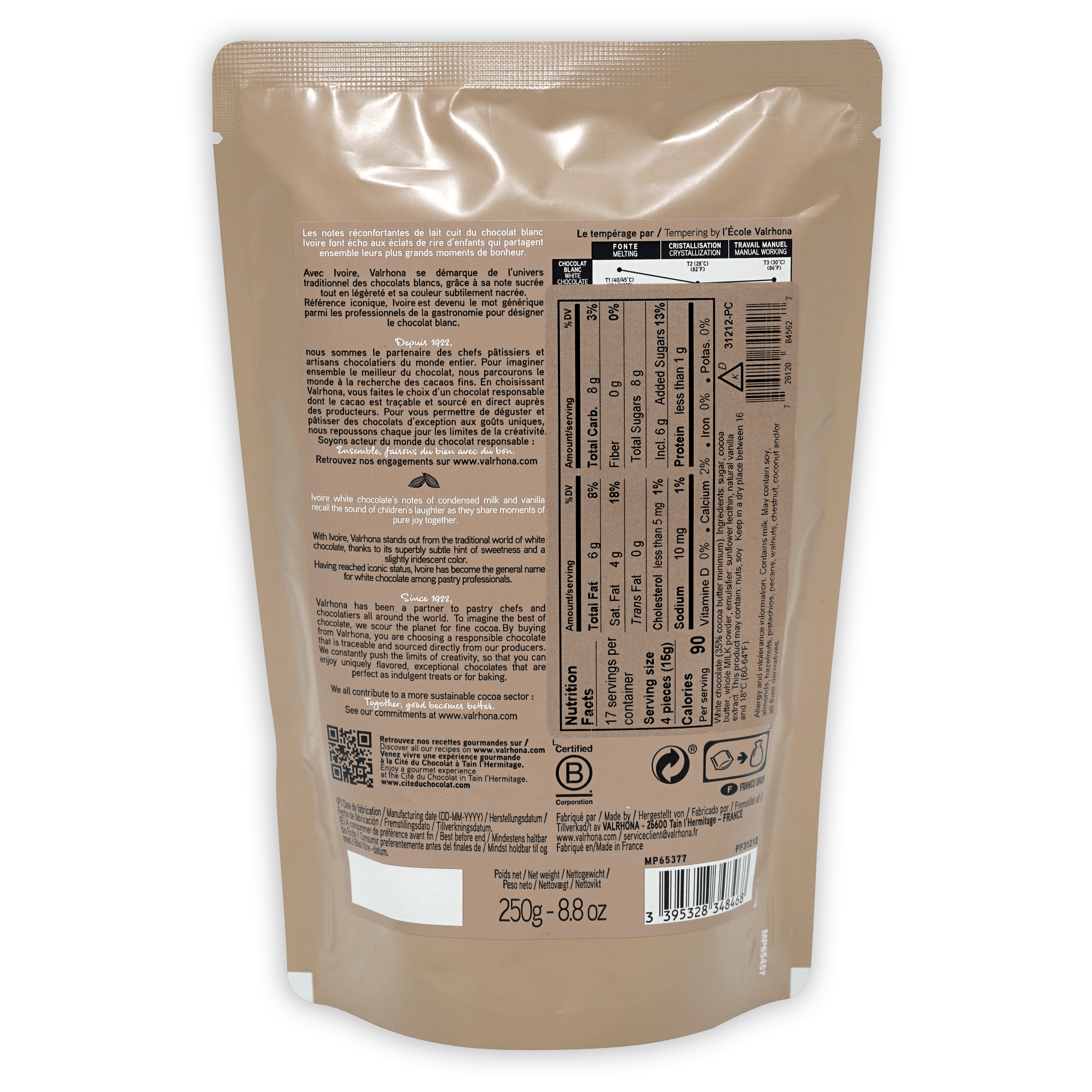 Valrhona Ivoire white chocolate 35% resealable beige pouch