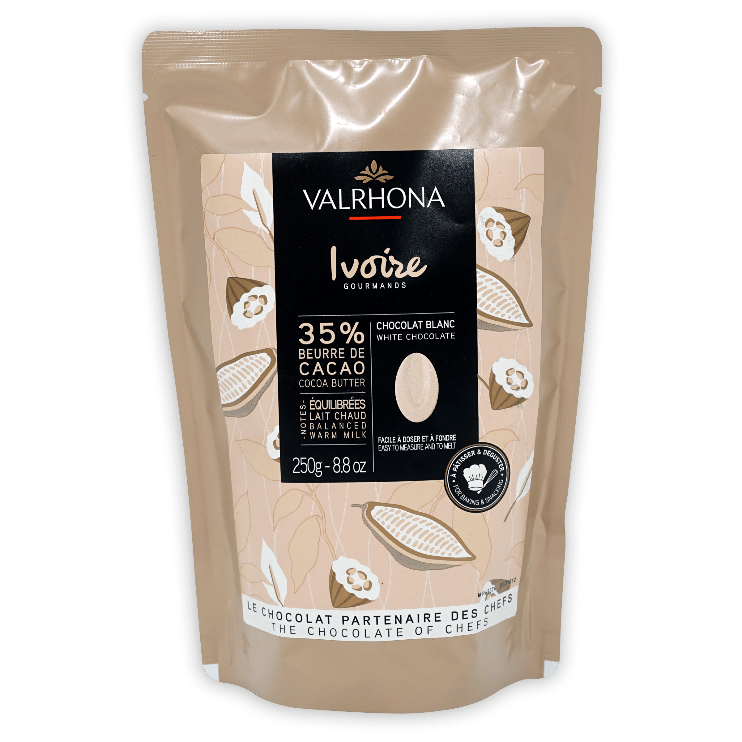 Valrhona Ivoire 35% white chocolate feves in resealable pouch