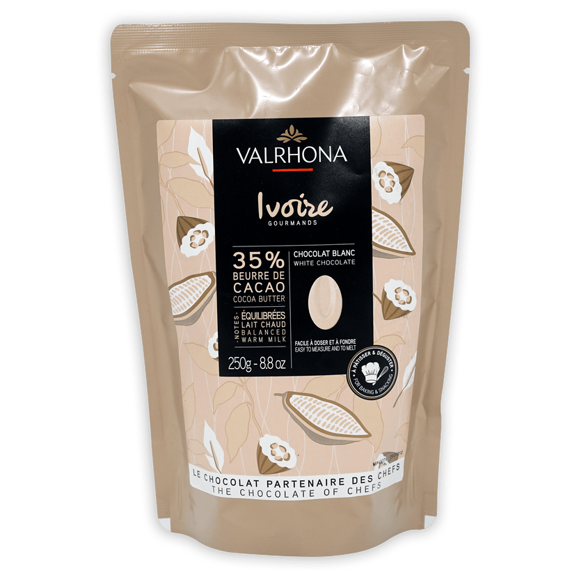 Valrhona Ivoire 35% white chocolate feves in resealable pouch