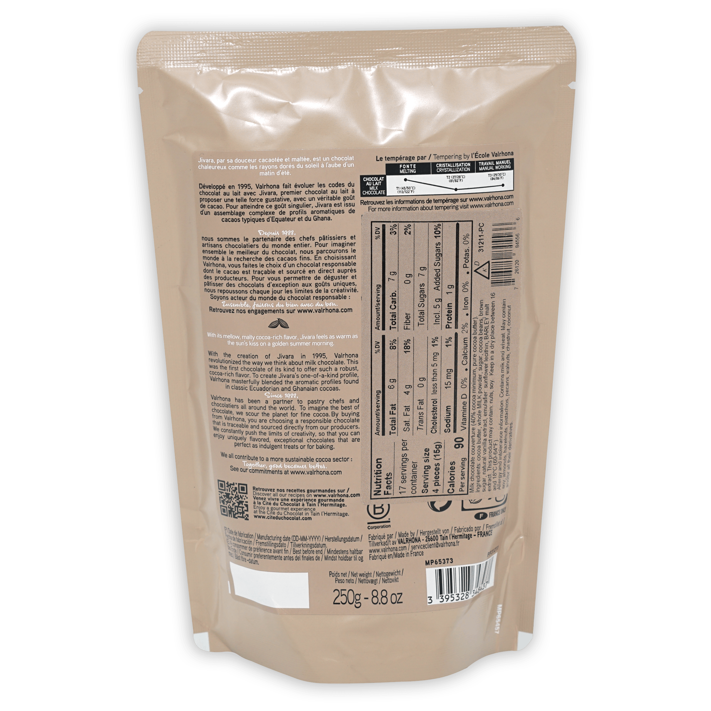 Back of Valrhona Jivara 40% milk chocolate feves 250g beige foil bag