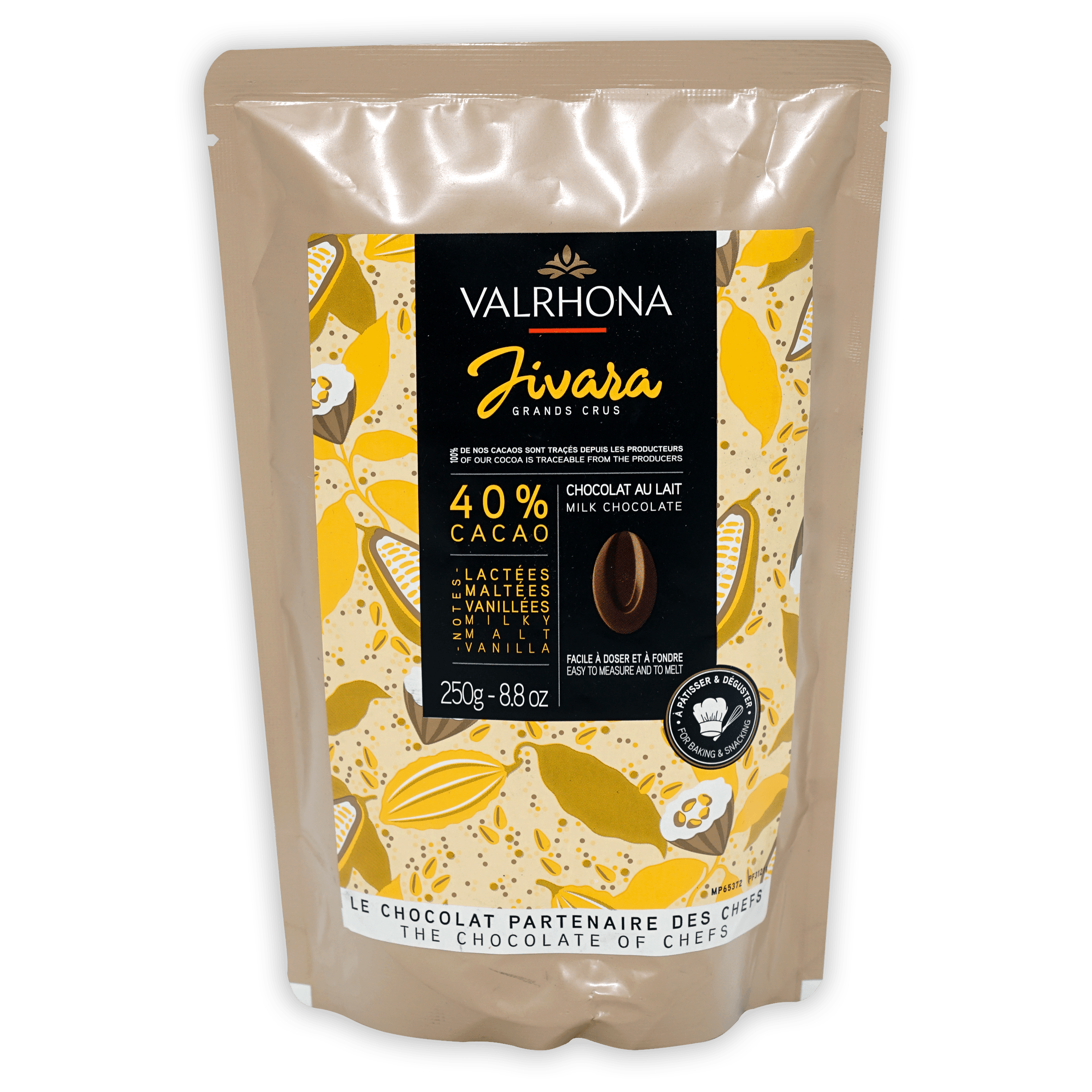 Valrhona Jivara Milk Chocolate 40% Baking Feves in glossy beige pouch