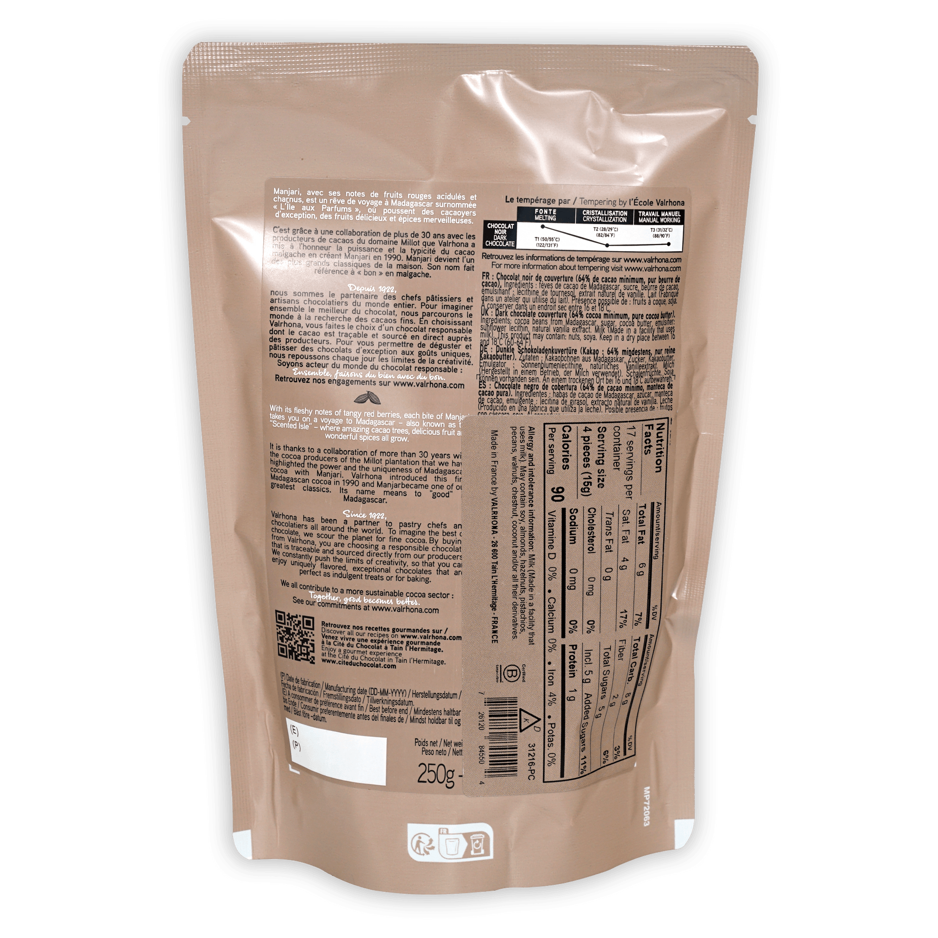 Valrhona Manjari 64% dark chocolate feves beige matte pouch back with nutrition info