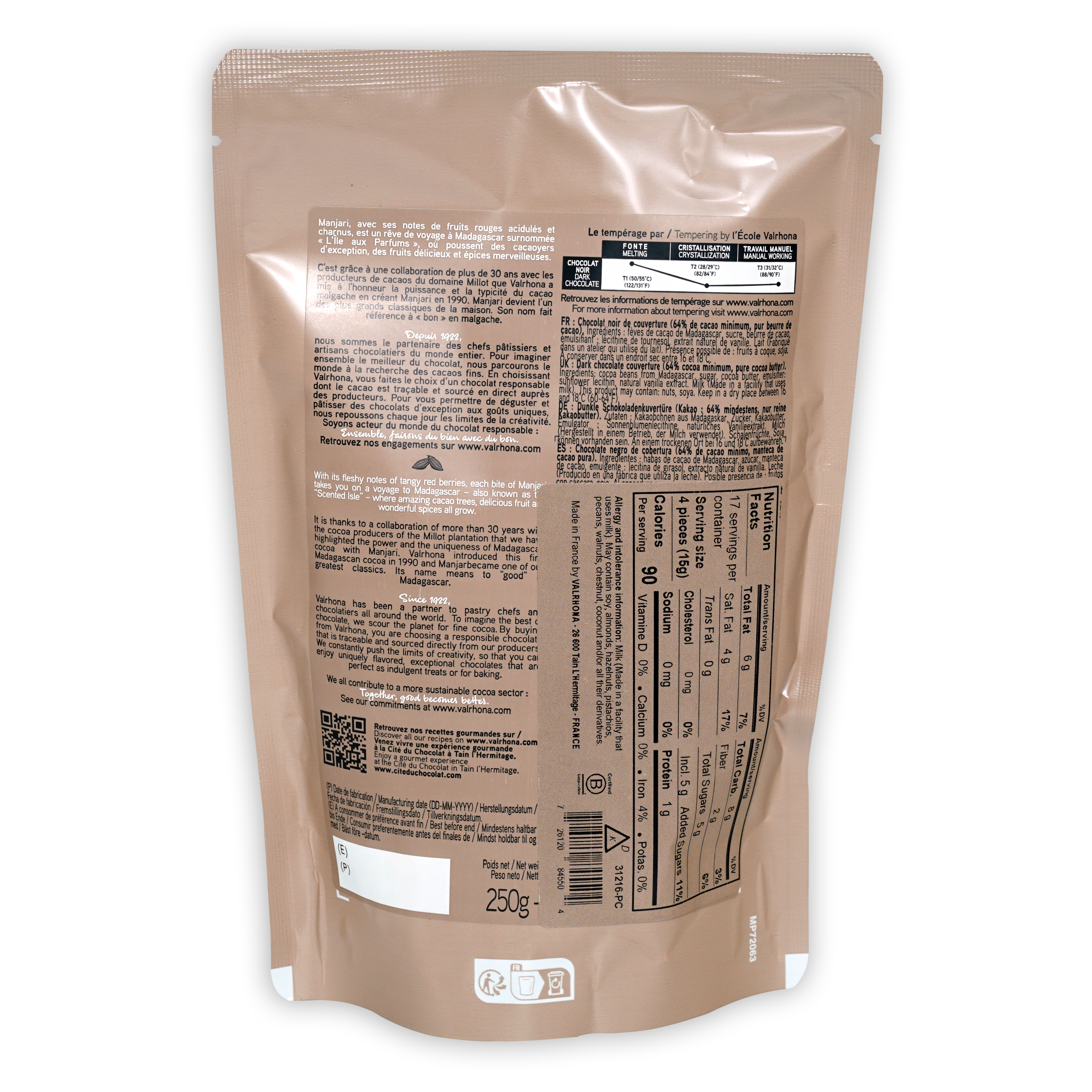 Valrhona Manjari 64% dark chocolate feves beige matte pouch back with nutrition info