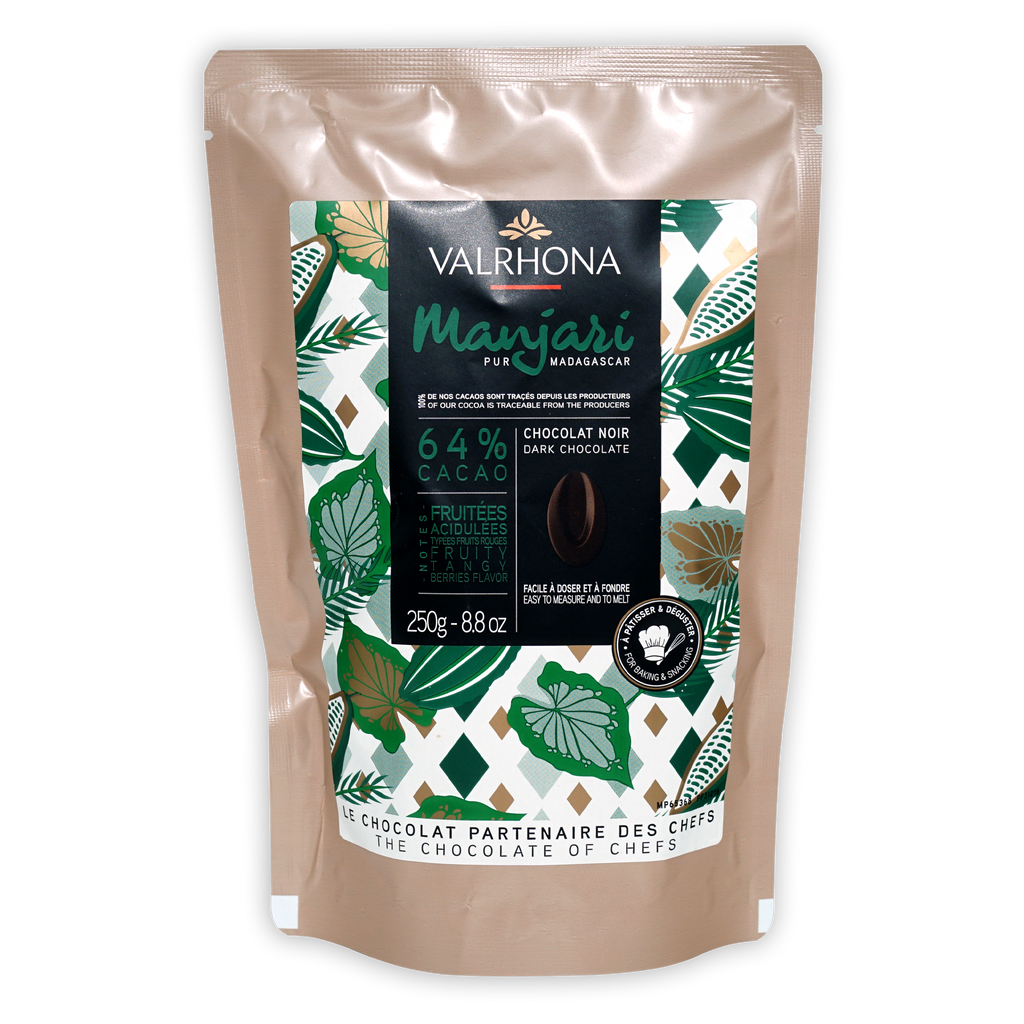 Valrhona Manjari 64% dark chocolate baking feves in resealable pouch