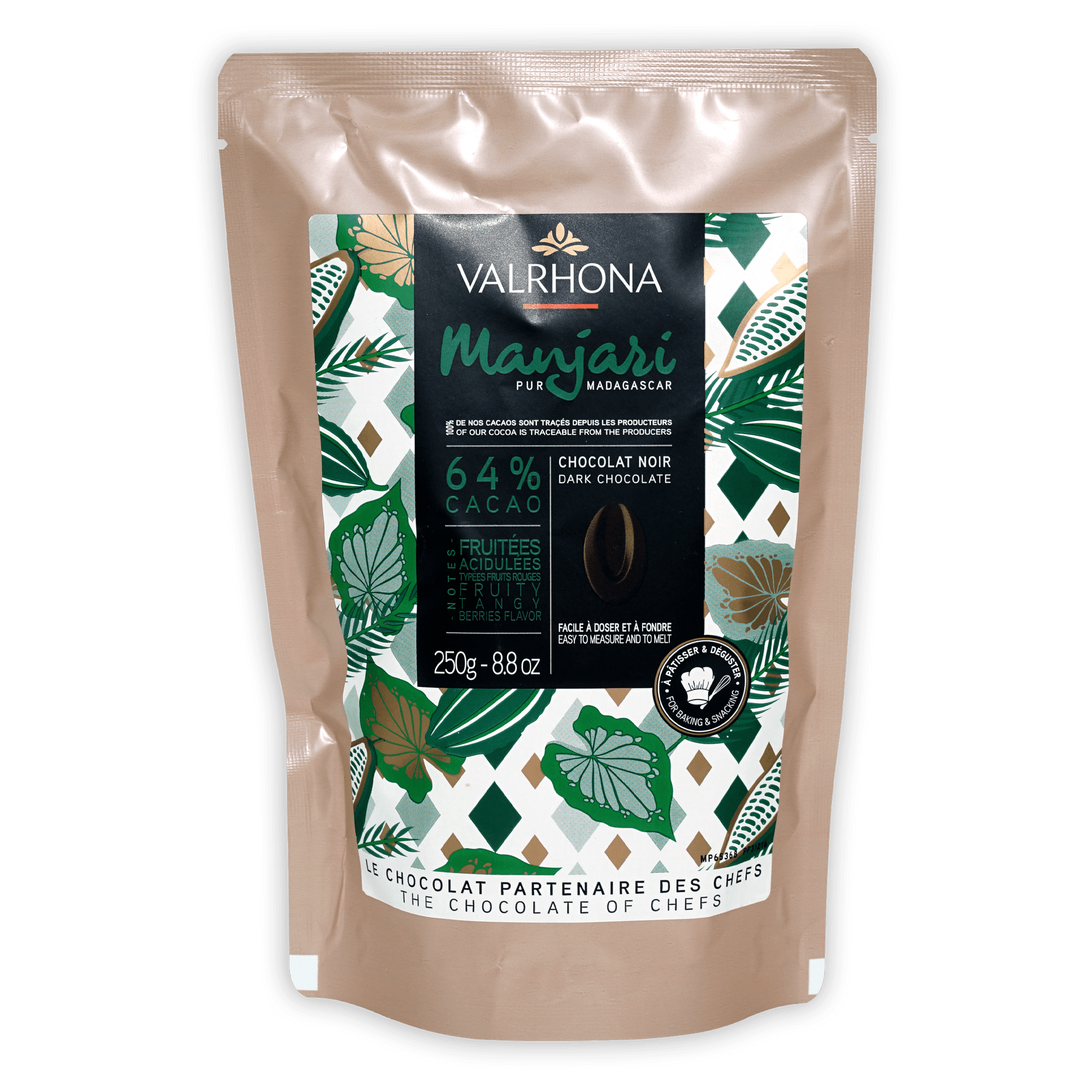 Valrhona Manjari 64% dark chocolate baking feves in resealable pouch