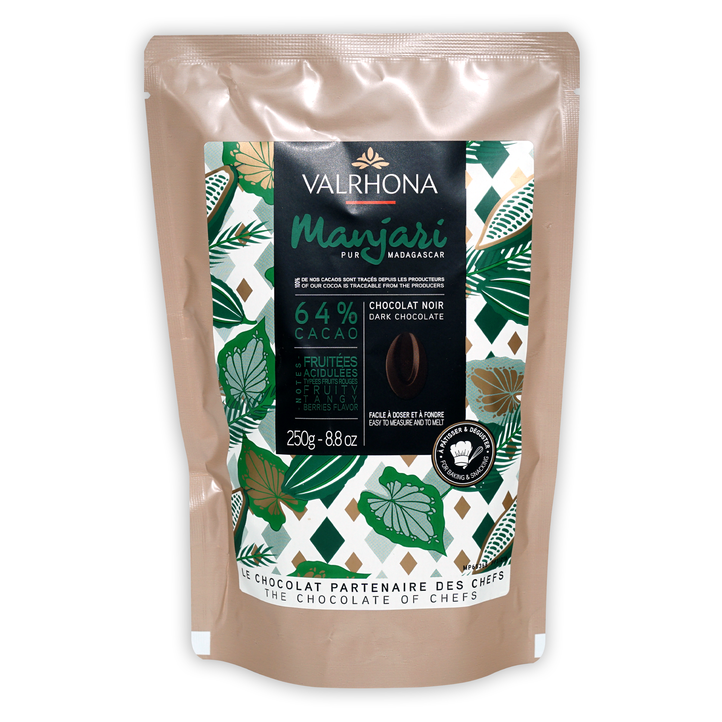 Valrhona Manjari 64% dark chocolate baking feves in resealable pouch