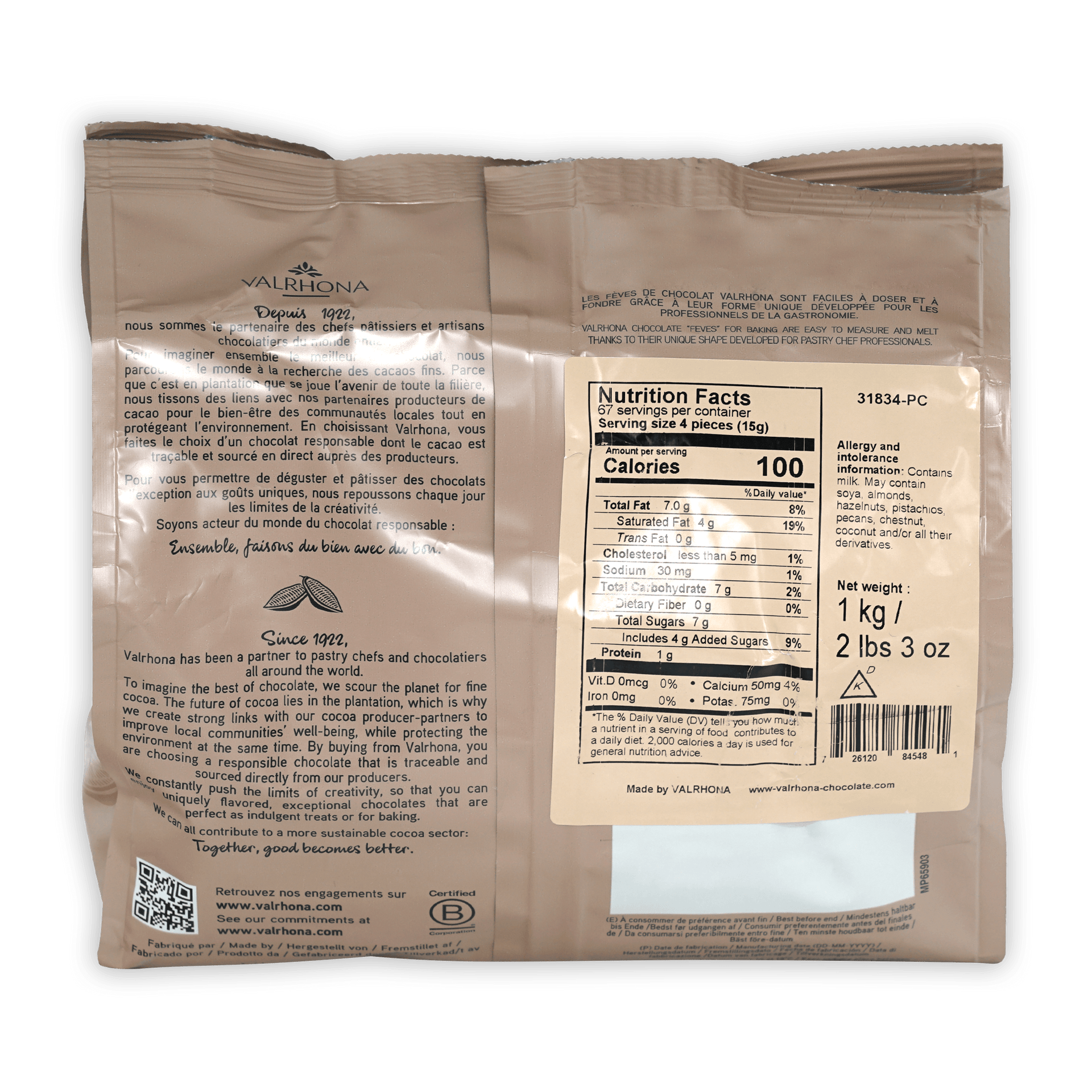Back of Valrhona Dulcey Blond 35% chocolate bag with nutrition info