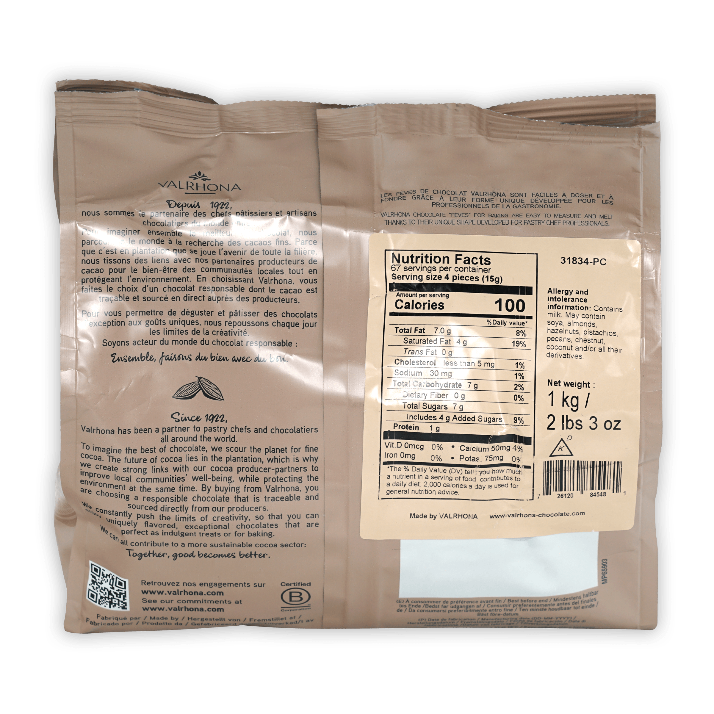 Back of Valrhona Dulcey Blond 35% chocolate bag with nutrition info
