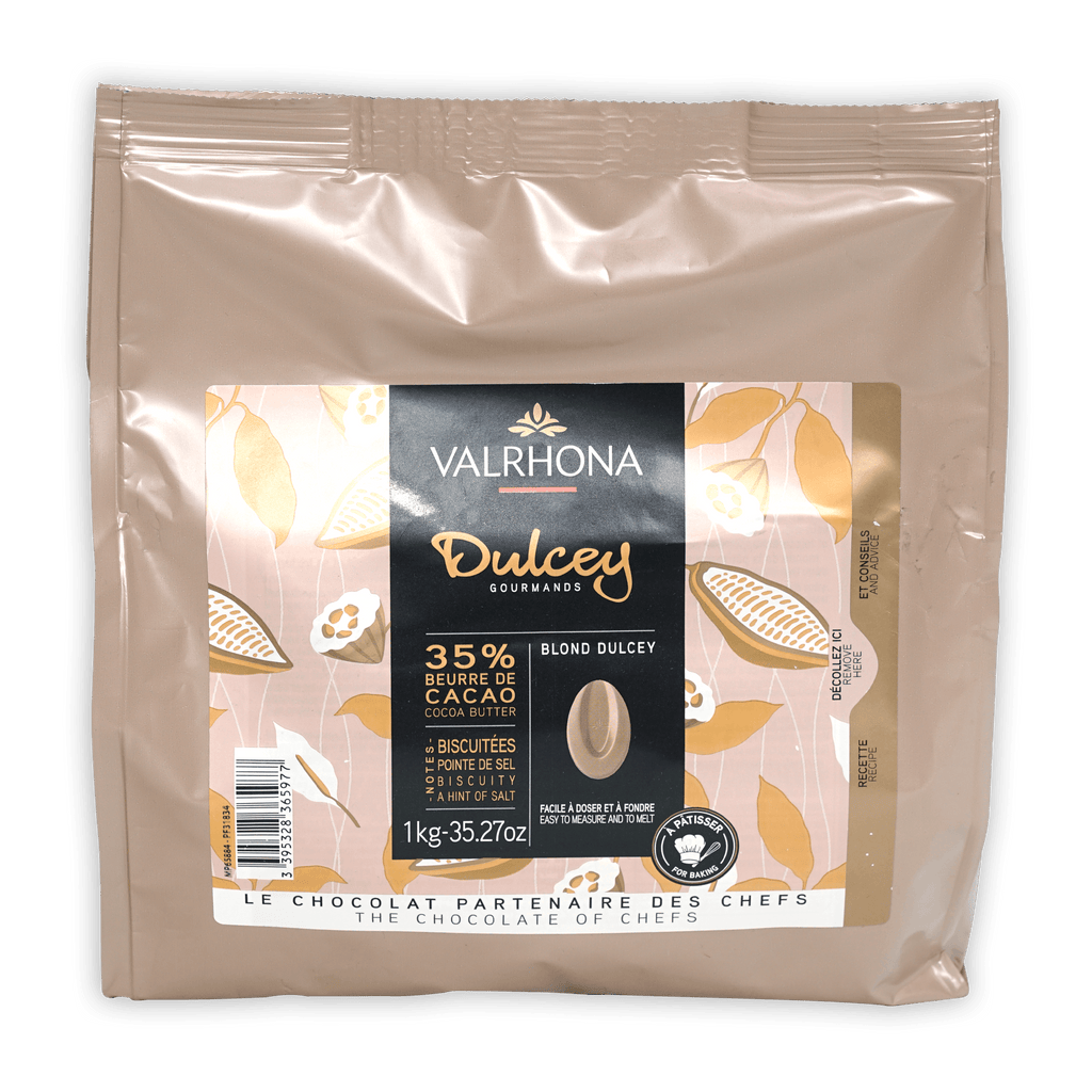 Valrhona Dulcey 35% blond chocolate feves in 1kg beige foil pouch