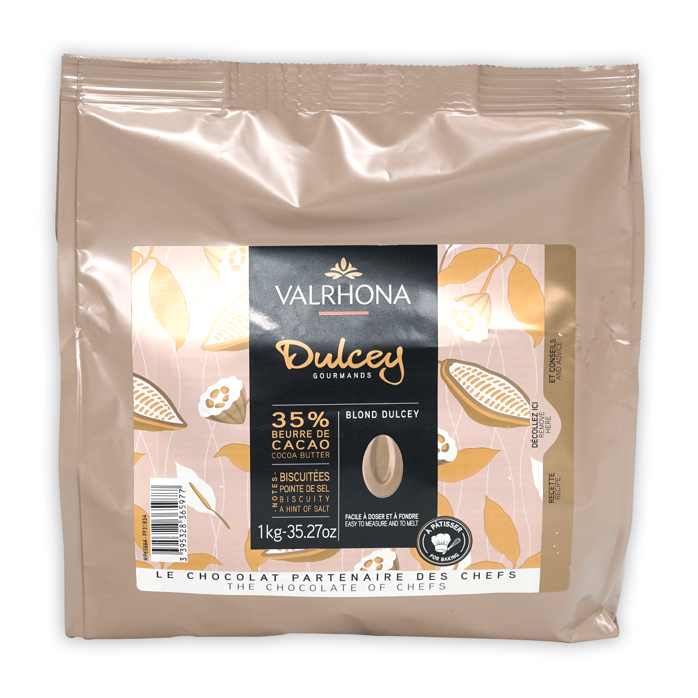Valrhona Dulcey 35% blond chocolate feves in 1kg beige foil pouch