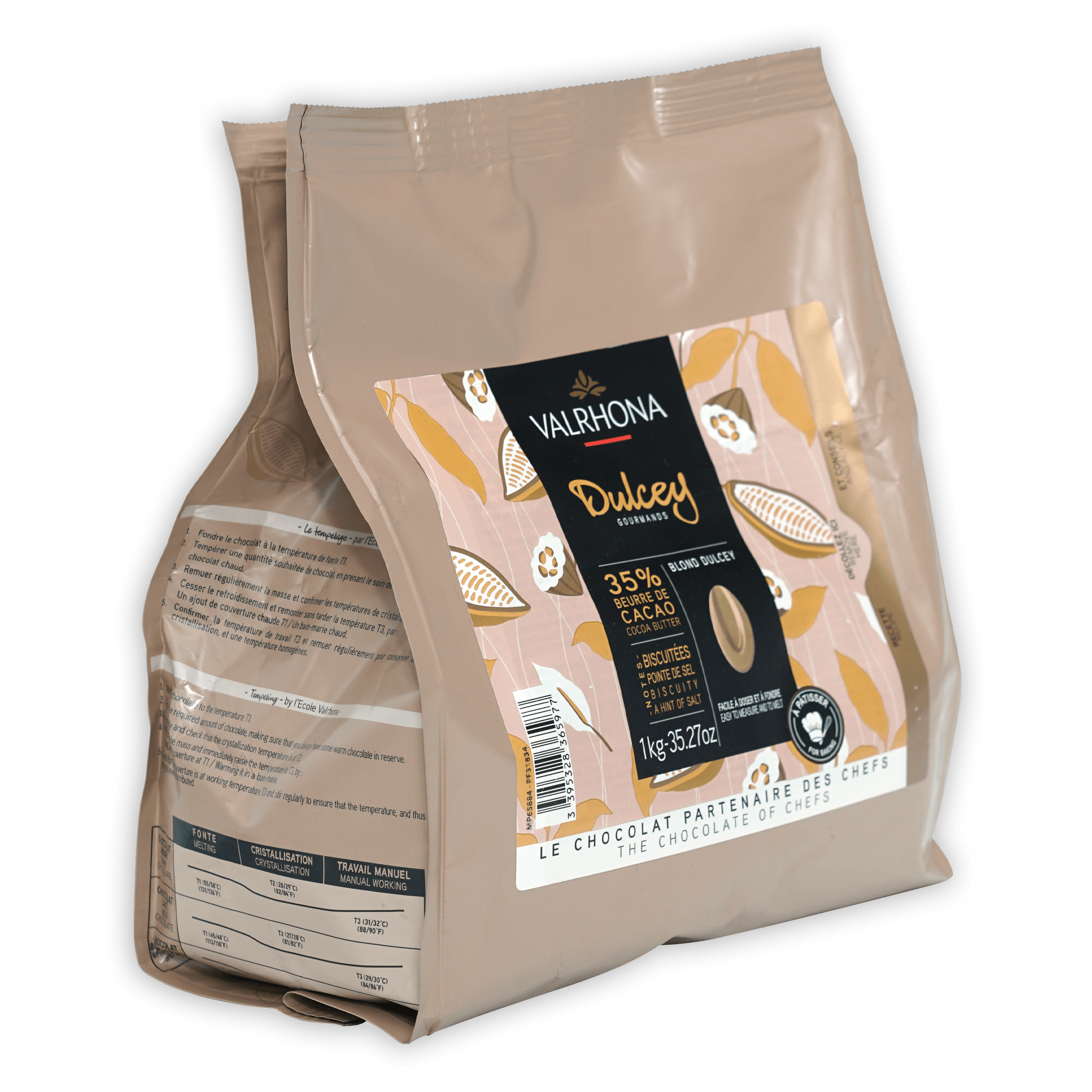 Valrhona Dulcey 35% blond chocolate feves in 1kg resealable bag