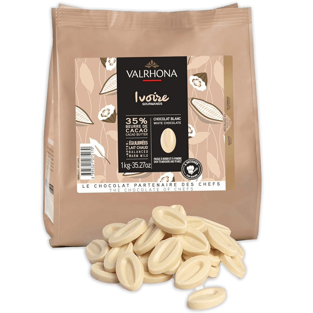 Valrhona Ivoire white chocolate feves 1kg bag with beige black label