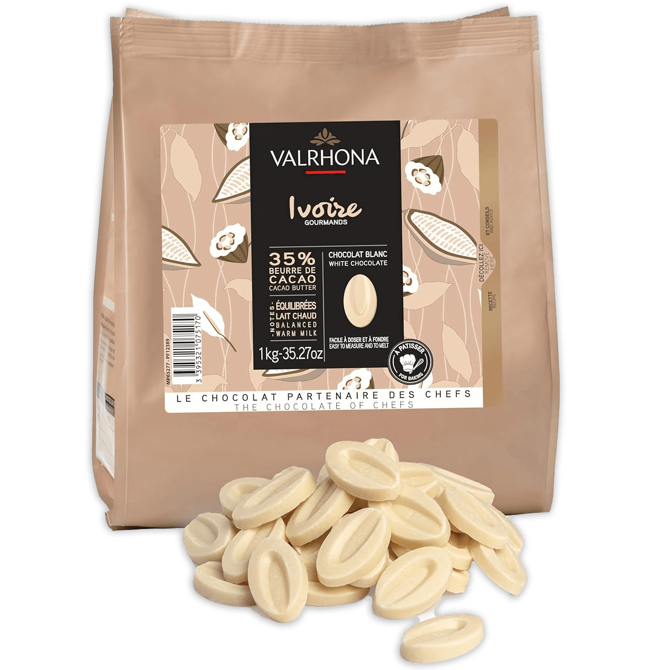 Valrhona Ivoire white chocolate feves 1kg bag with beige black label