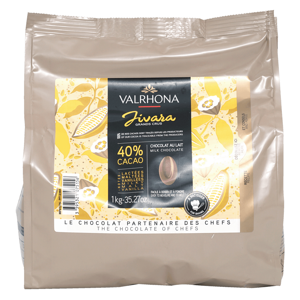 Valrhona Jivara 40% milk chocolate feves bulk 1kg in silver pouch