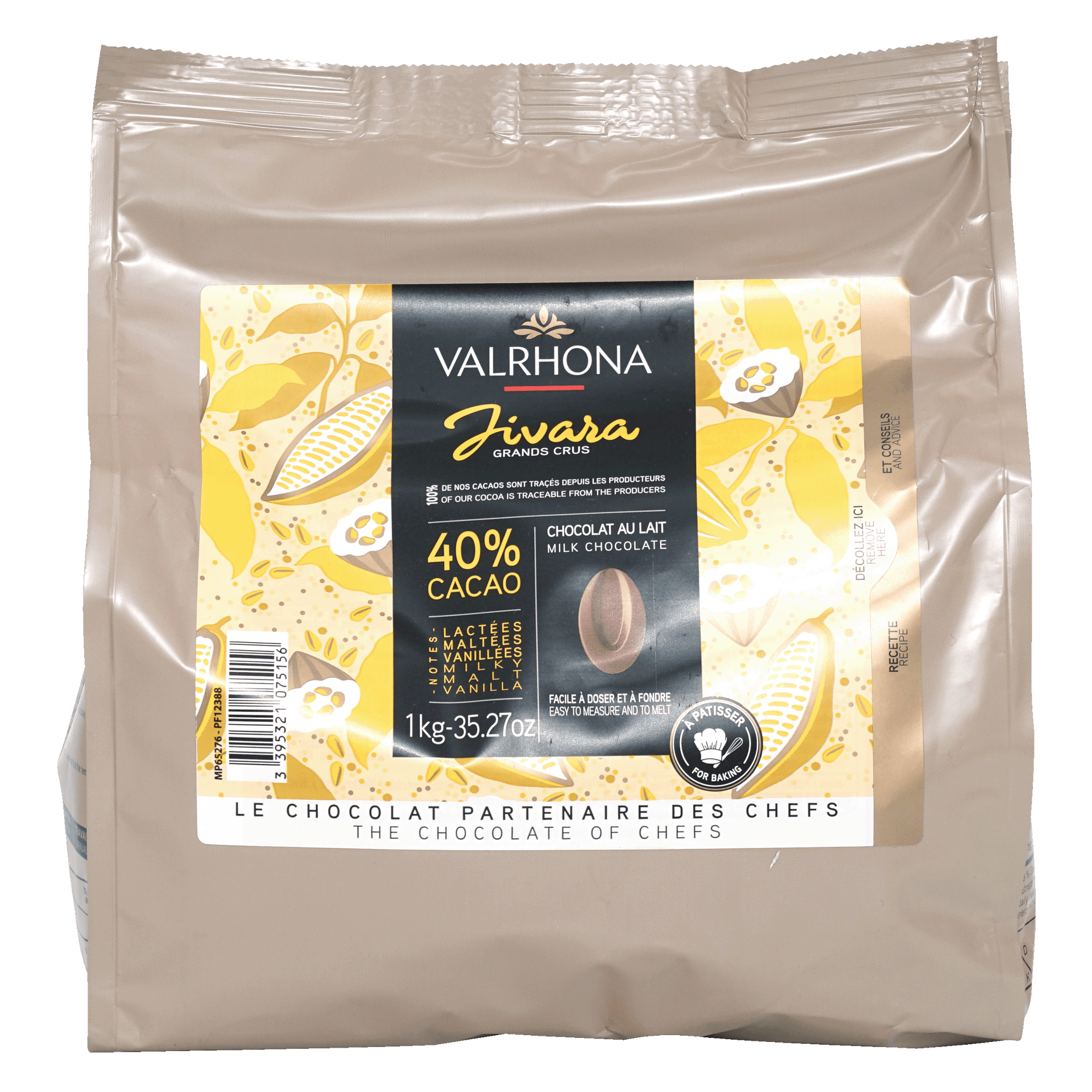 Valrhona Jivara 40% milk chocolate feves bulk 1kg in silver pouch