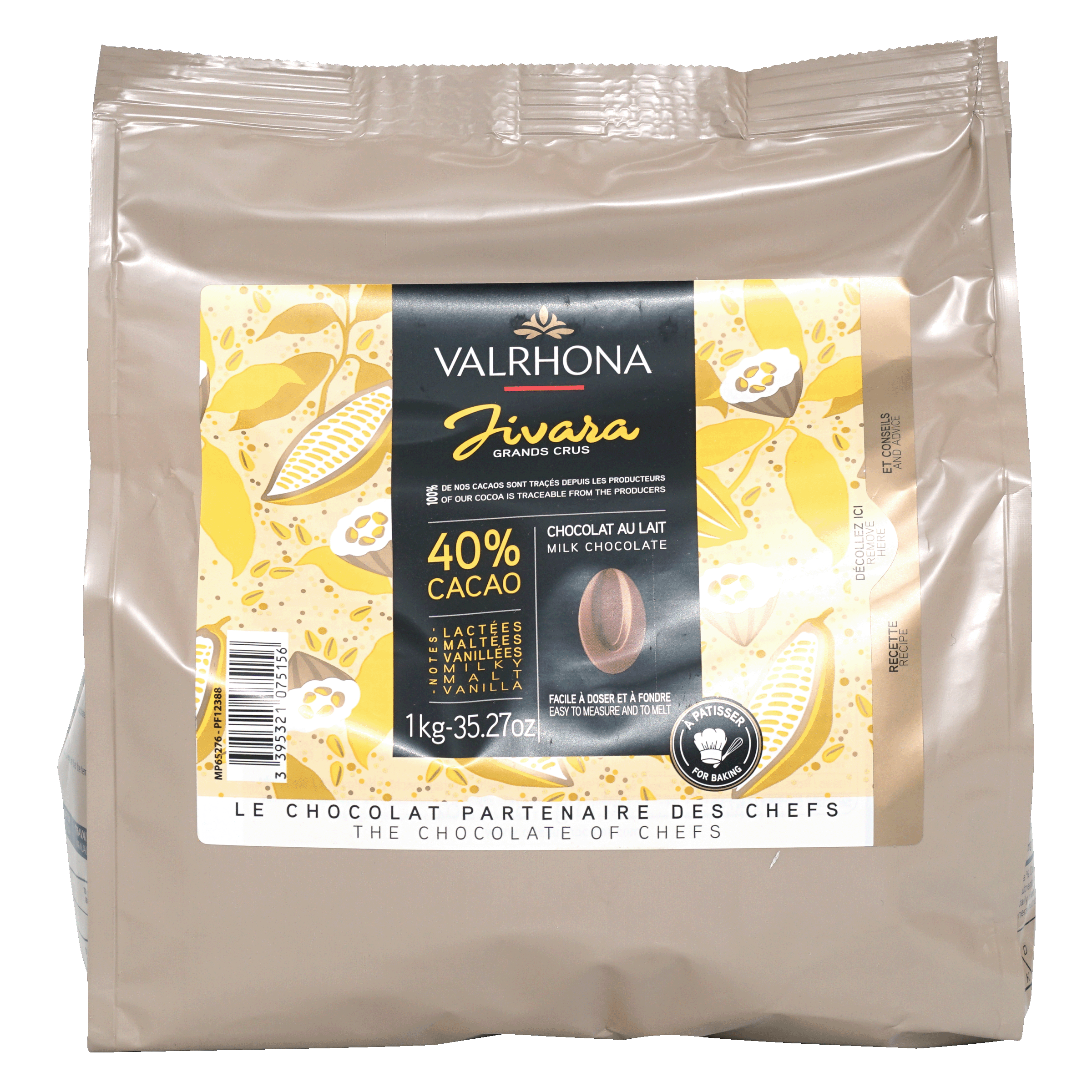 Valrhona Jivara 40% milk chocolate feves bulk 1kg in silver pouch