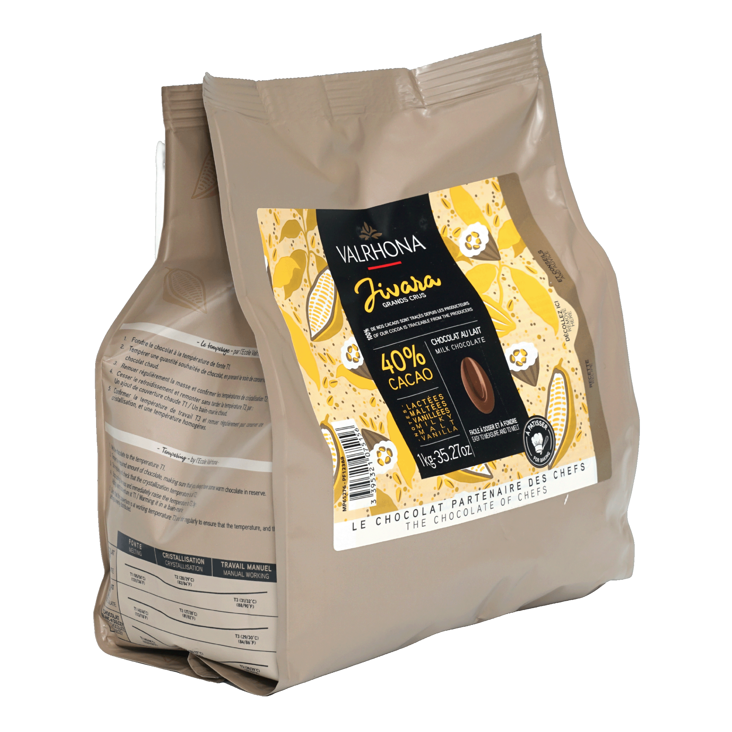 Valrhona Jivara 40% milk chocolate feves 1kg bag with yellow label