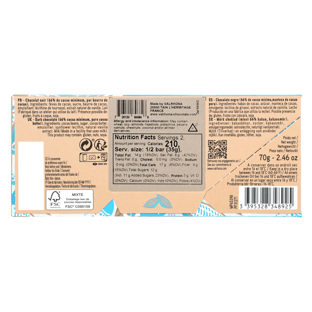 Back of Valrhona Grand Cru Caraibe 66% dark chocolate bar wrapper