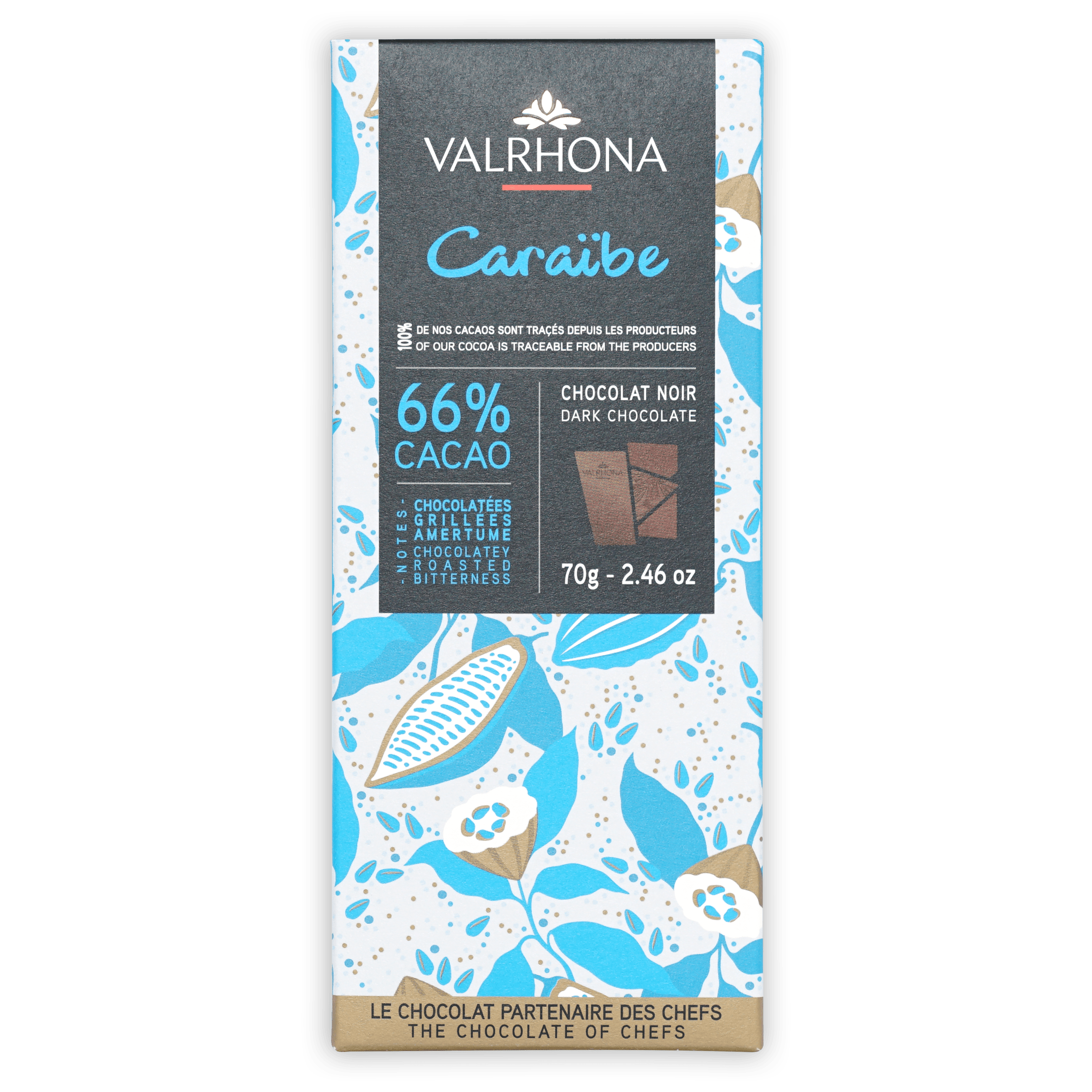 Valrhona Grand Cru Caraibe 66% dark chocolate bar with blue floral design