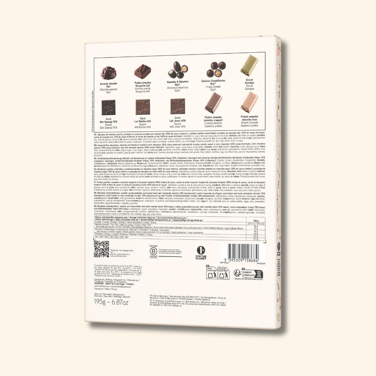 Back of the Valrhona 2026 Chocolate Advent Calendar with assortment, ingredients, and nutrition information