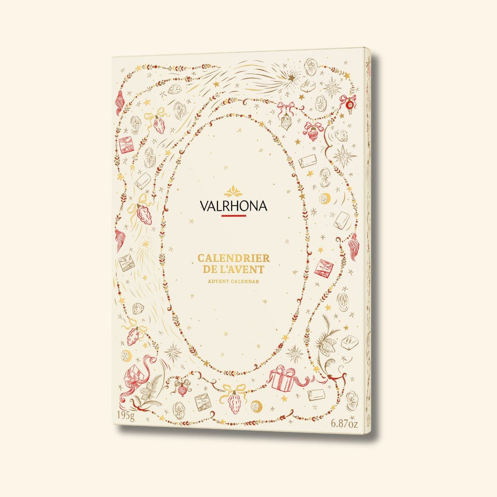 Front of the Valrhona 2026 Chocolate Advent Calendar with illustrations by Safia Ouares