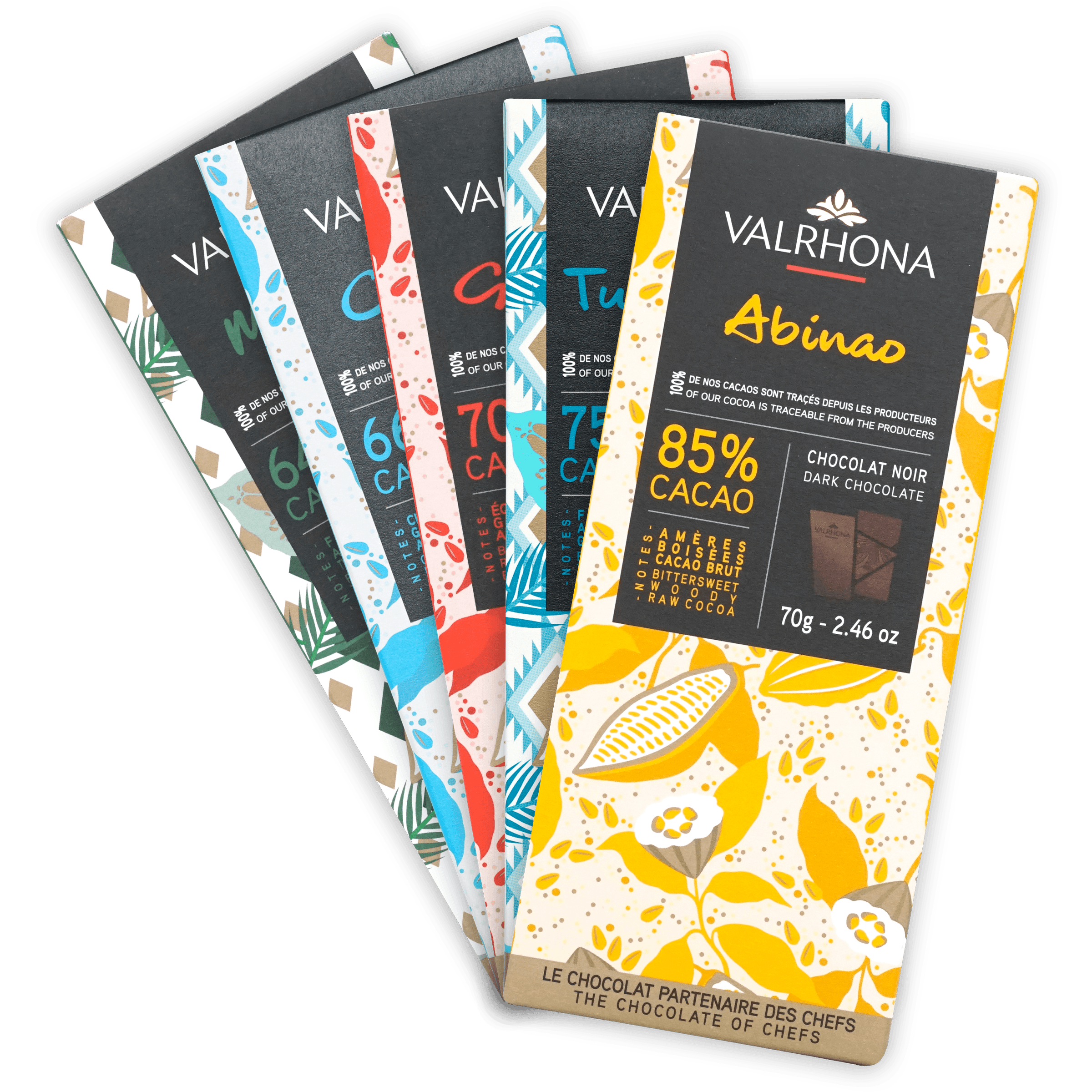 Valrhona Abinao dark chocolate bar in bundle, yellow botanical wrapper