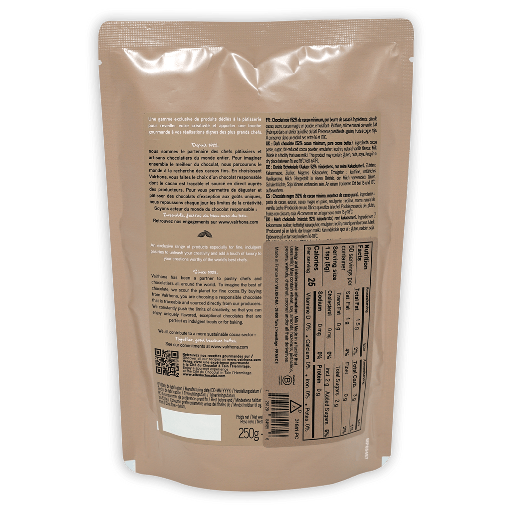 Valrhona dark chocolate chips 52% in glossy white foil wrapper