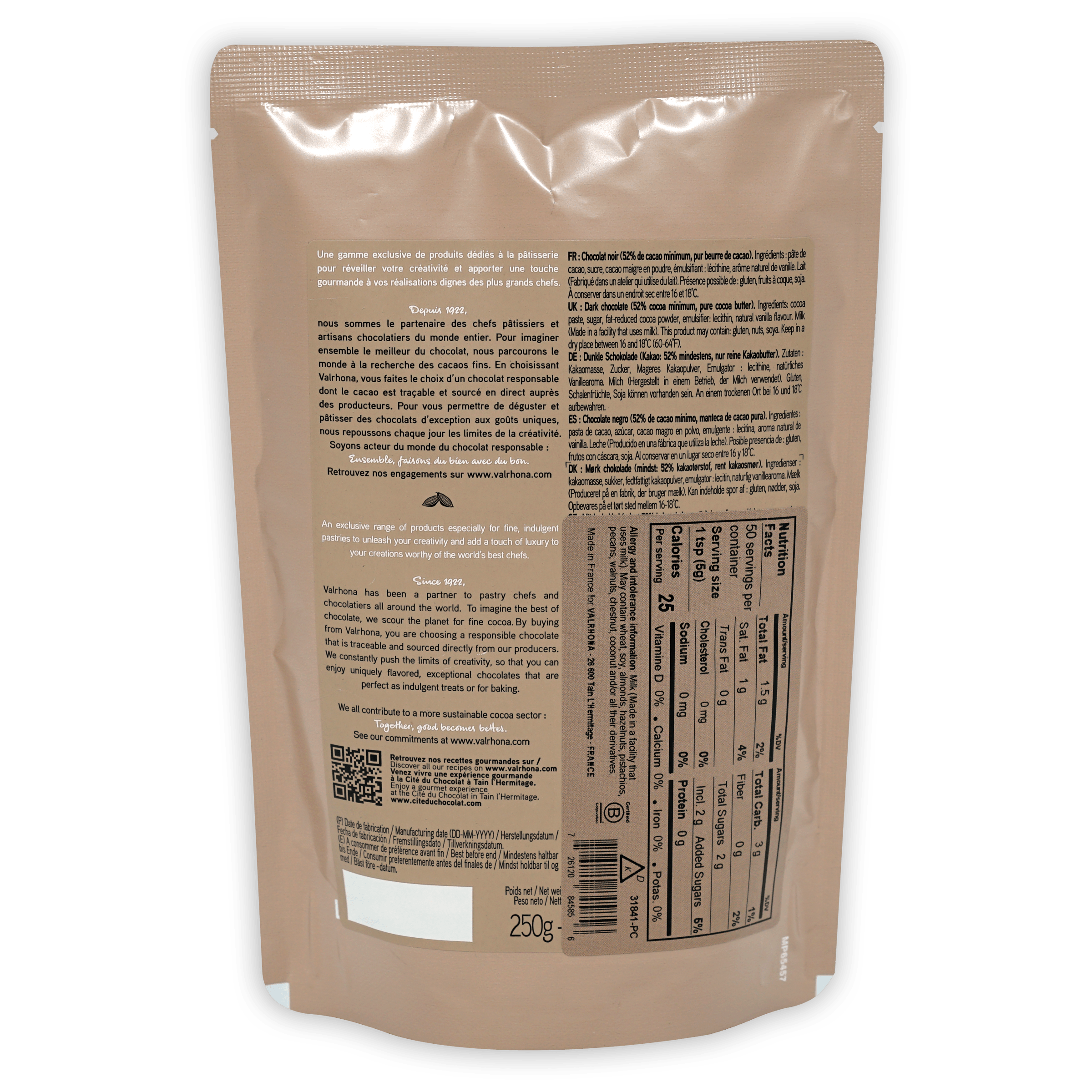 Valrhona dark chocolate chips 52% in glossy white foil wrapper