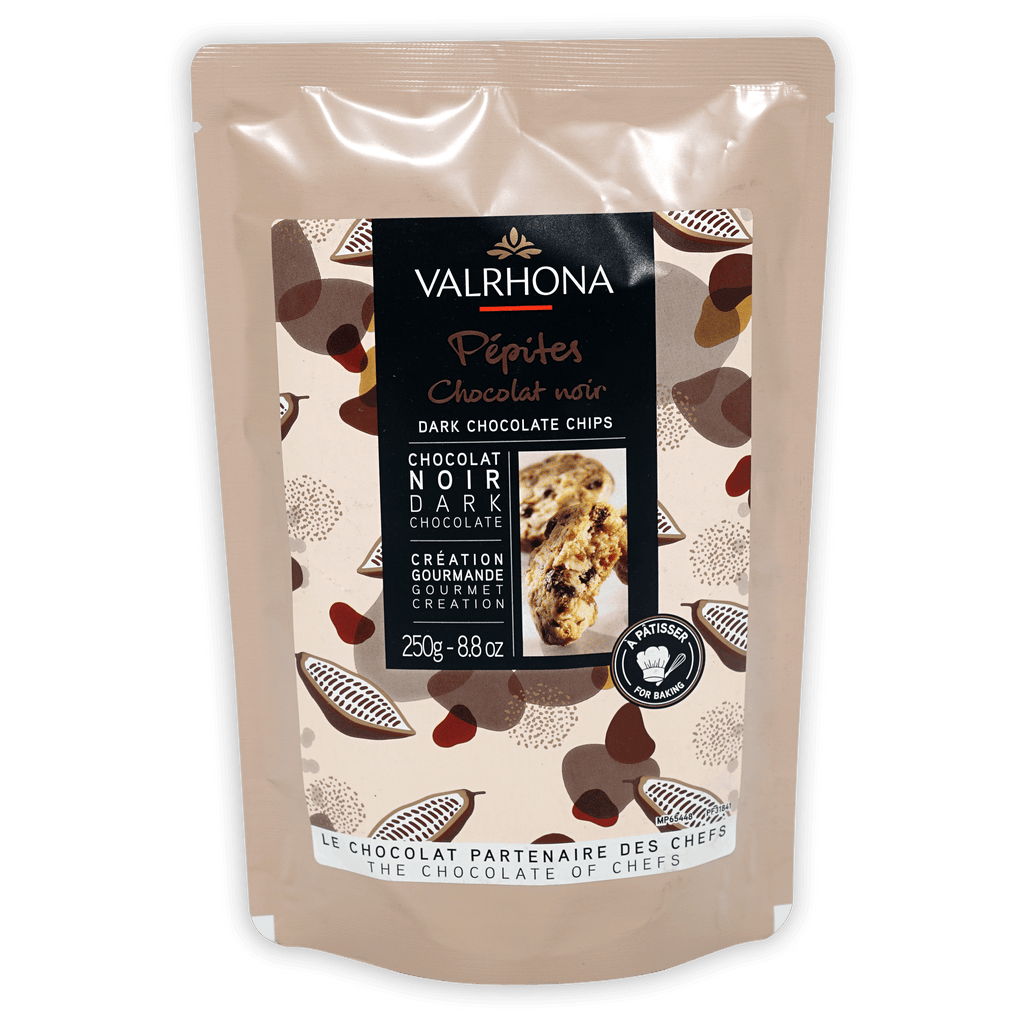 Valrhona dark chocolate chips 52% in resealable beige pouch