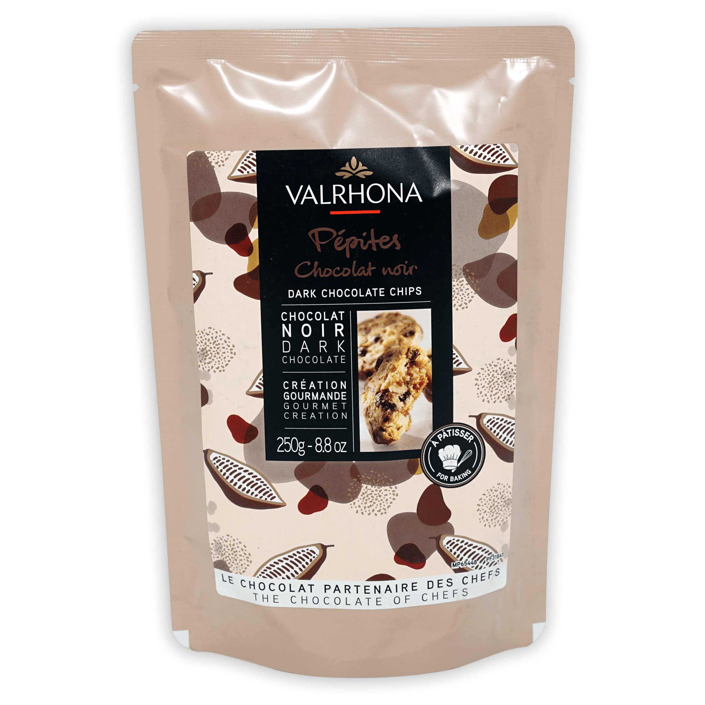 Valrhona dark chocolate chips 52% in resealable beige pouch