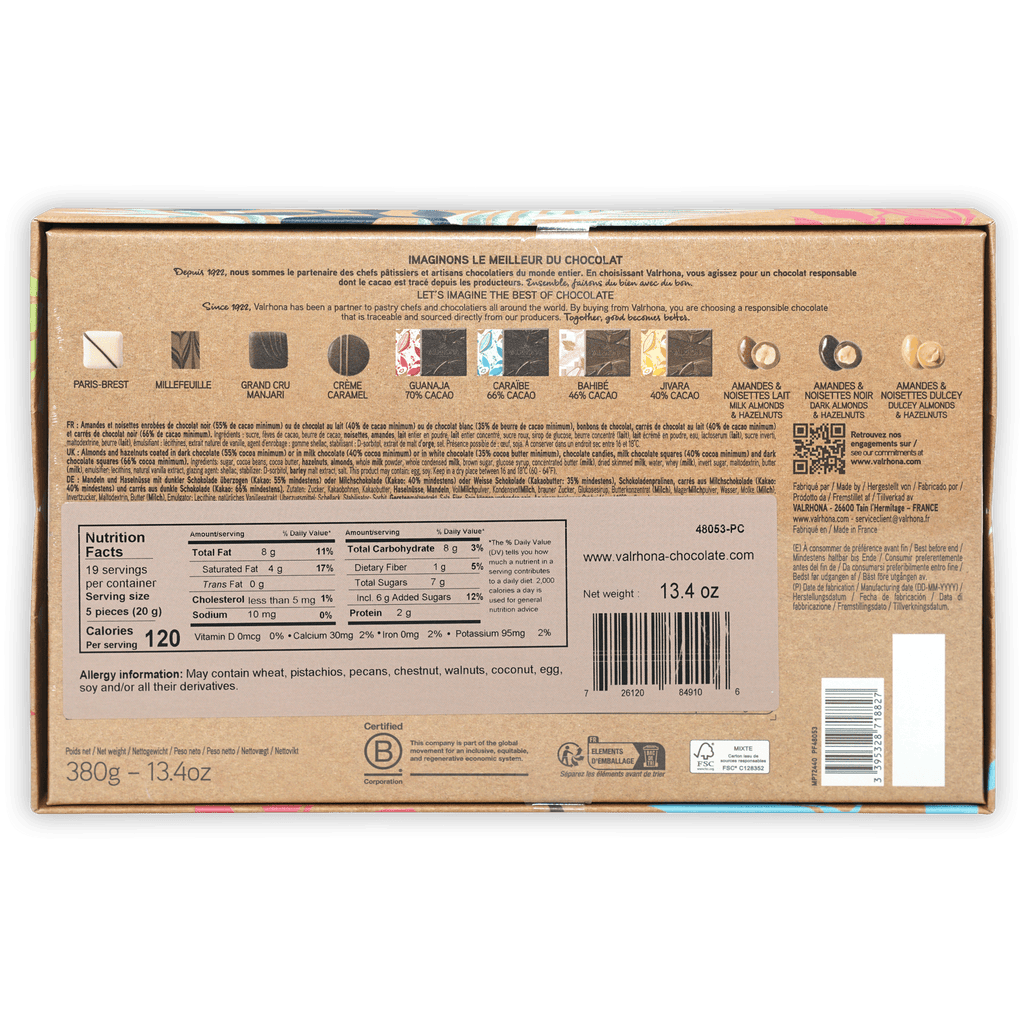 Valrhona Discovery Chocolate Gift Box: brown box with flavors and nutrition