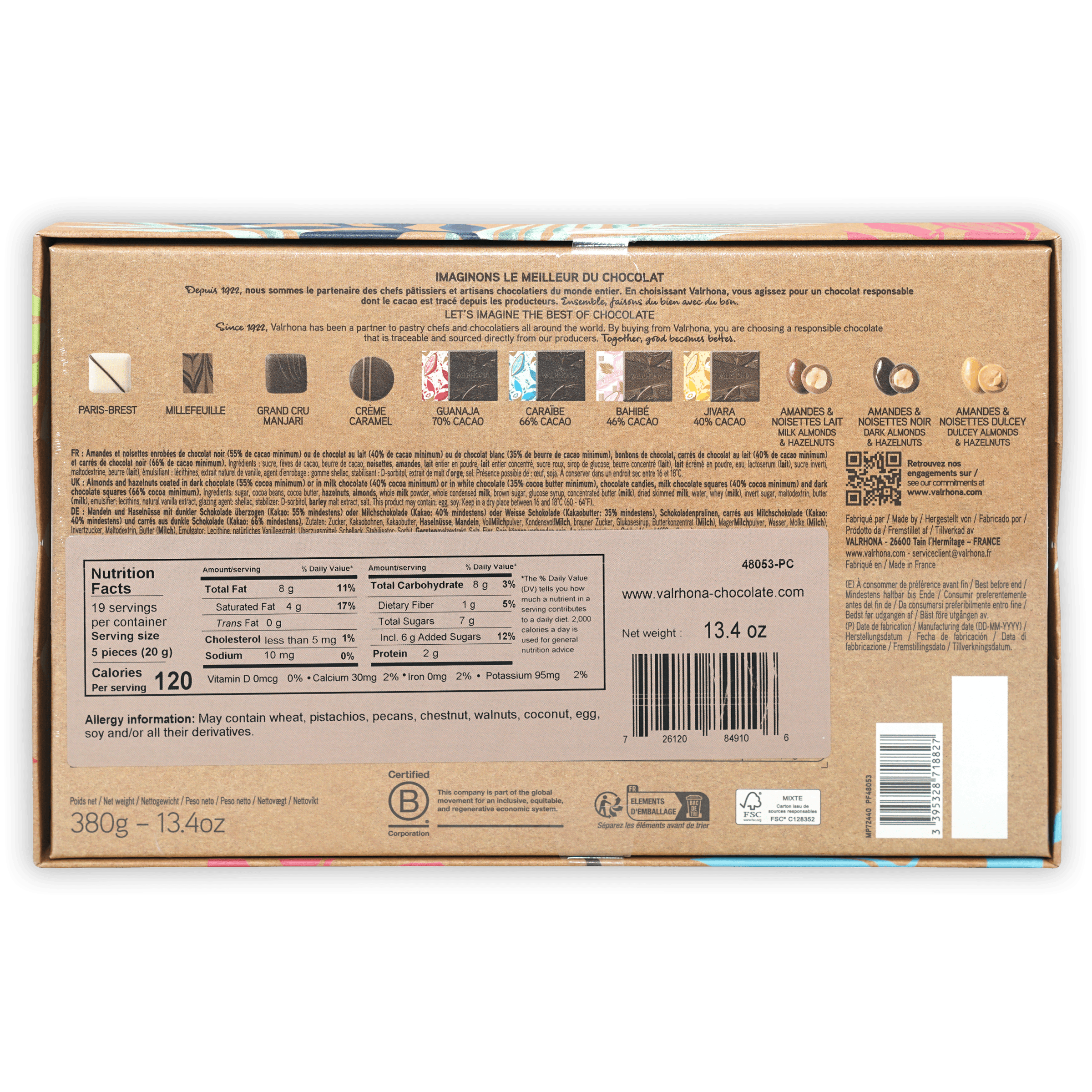 Valrhona Discovery Chocolate Gift Box: brown box with flavors and nutrition