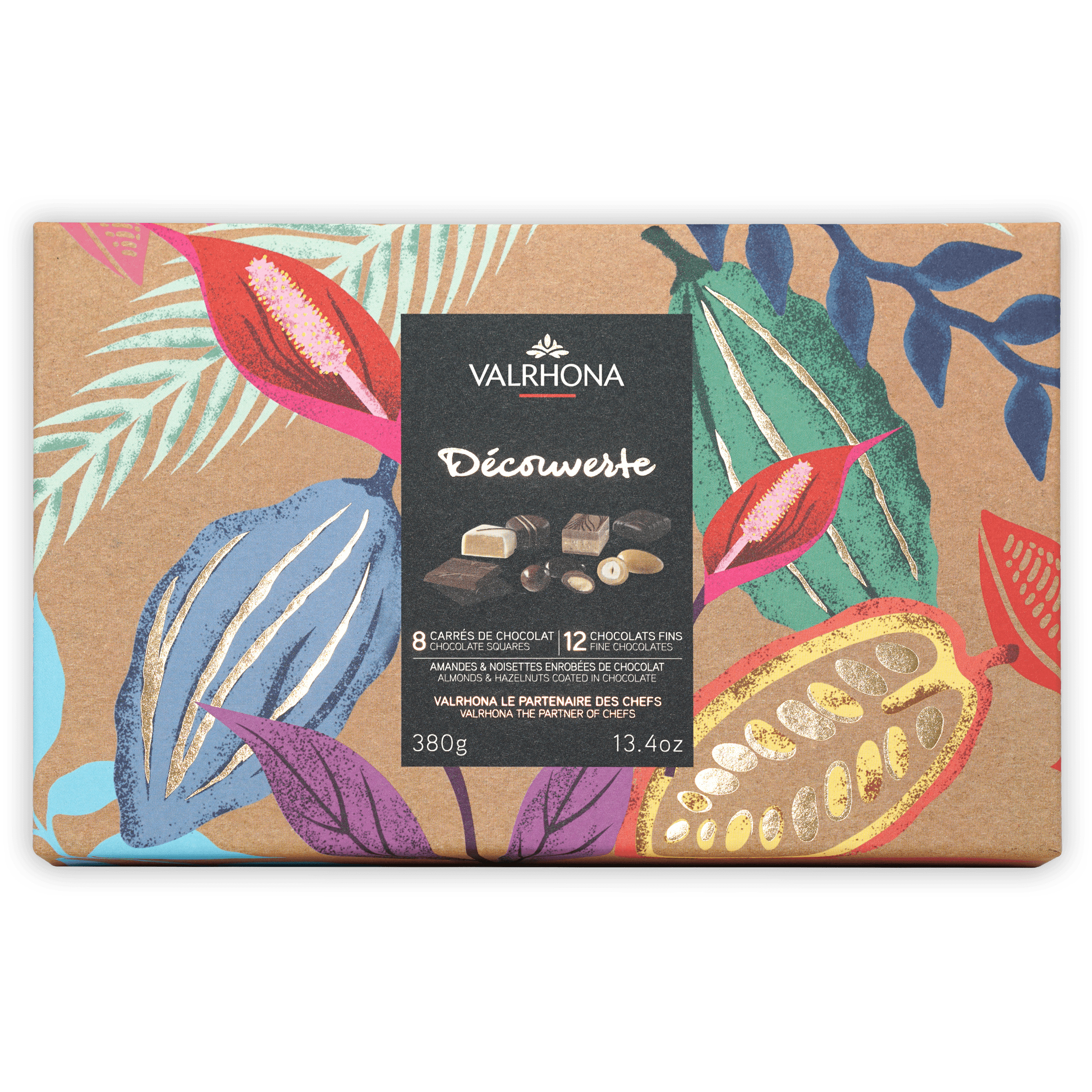 Valrhona Discovery Chocolate Gift Box with tropical leaf and cocoa pod illustrations