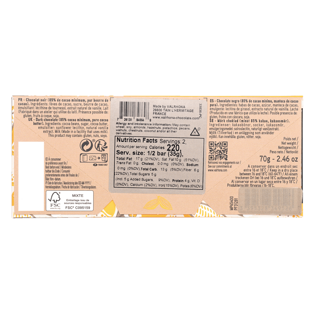 Valrhona Grand Cru Abinao 85% dark chocolate bar wrapper back with barcode