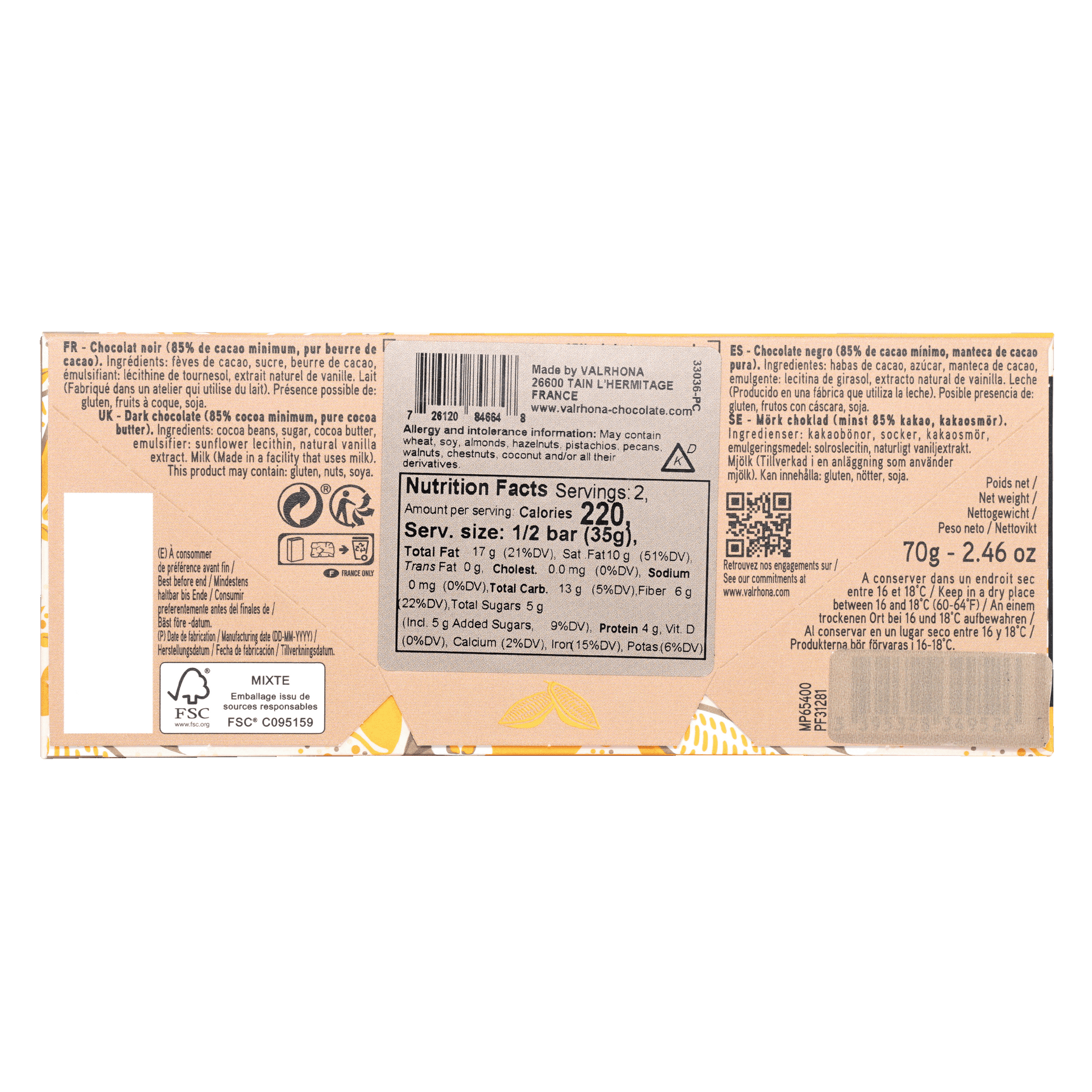 Valrhona Grand Cru Abinao 85% dark chocolate bar wrapper back with barcode